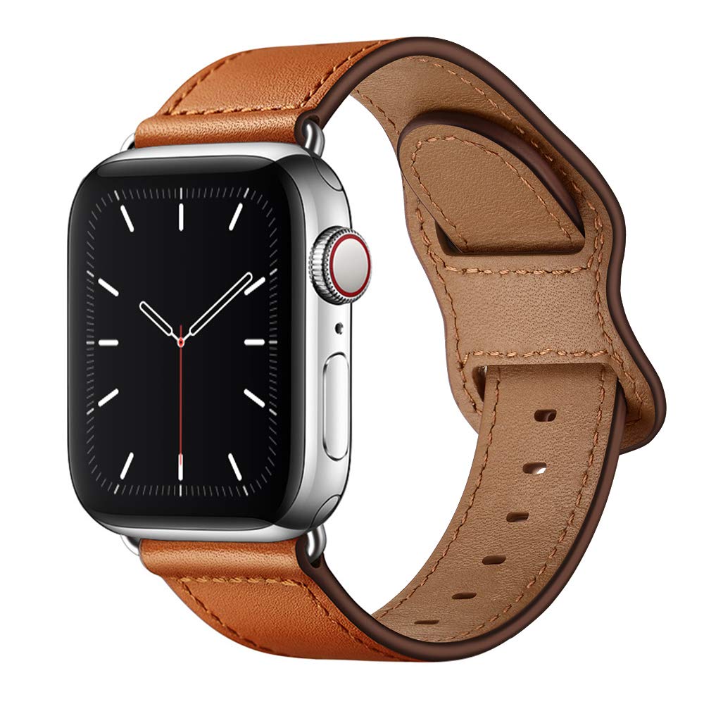 KYISGOS Genuine Leather Apple Watch Band - Compatible with iWatch Series 10/9/8/7/6/5/4/3/2/1 & SE (42mm 41mm 40mm 38mm) - Brown/Silver Strap - Perfect for Workouts, Office & Everyday Wear