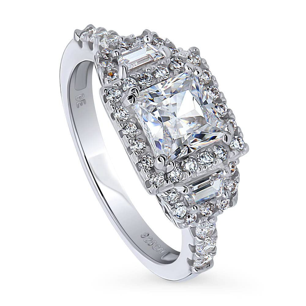 BERRICLE Sterling Silver Halo Wedding Engagement Ring 1.2 Carat Princess Cut Cubic Zirconia CZ 3-Stone Ring for Women, Rhodium Plated Size 4-10 - Elegant Bridal Jewelry for Proposals, Anniversaries & Special Occasions