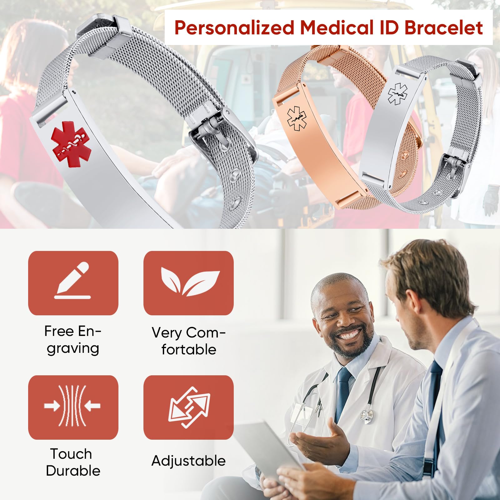 Custom Engraved Medical ID Bracelet for Women & Men - Adjustable Stainless Steel Emergency Alert Wristband for Diabetics, Asthma & Blood Thinner Patients - Free Personalization - Perfect for Daily Wear & Emergency Situations