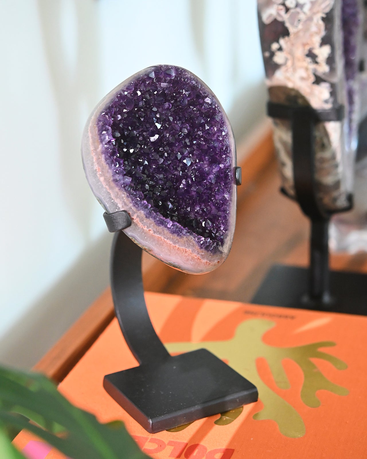 Natural Amethyst Crystal Geode on Wooden Stand - 3.6lbs Healing Stone for Home Decor, Meditation & Spiritual Gifts