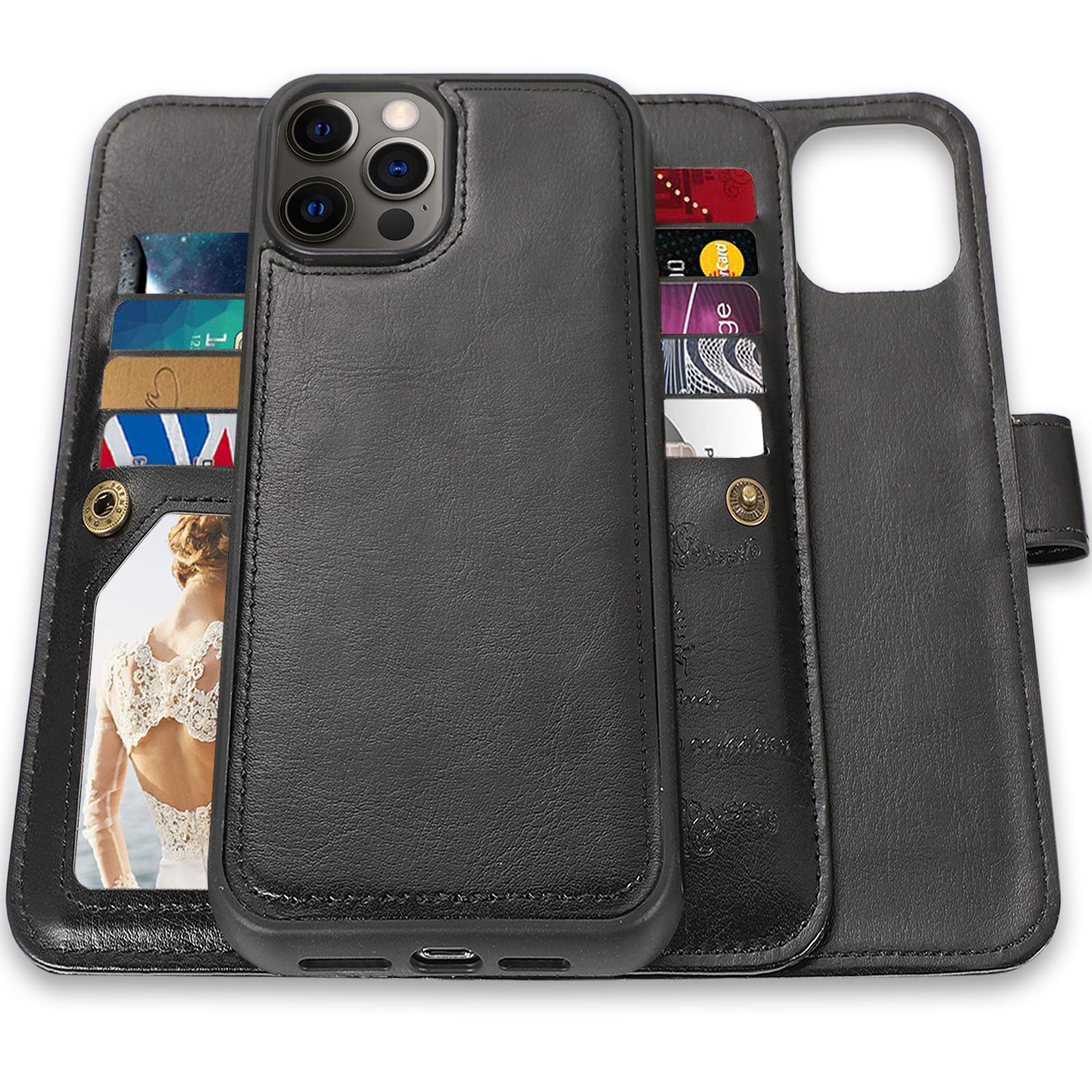 Premium Magnetic Detachable Leather Wallet Case for iPhone 12 Pro Max (6.7 inch) - 2-in-1 Folio with 9 Card Slots & Hand Strap (Black) | Perfect for Business, Travel & Everyday Use