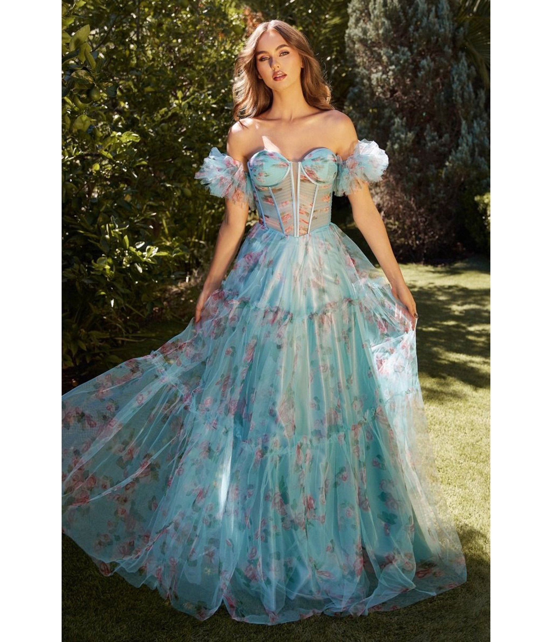 Ladivine By Cinderella Divine Blue Floral Printed Ball Gown - Elegant Prom Dress for Women, Formal Evening Gown for Weddings, Parties & Special Occasions