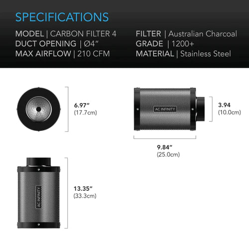 AC Infinity 4-Inch Air Carbon Filter for Grow Tents, Hydroponics, and Indoor Gardening – Odor Control & Air Purification