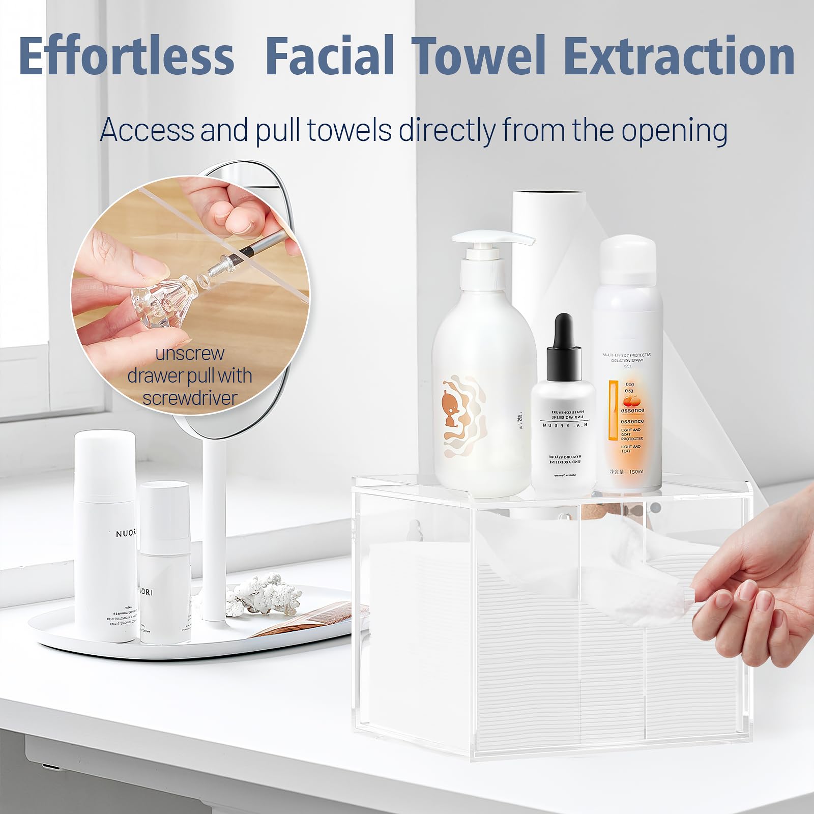Disposable Face Towel Holder - Acrylic Towel Storage Box with Drawer for Clean Skin Club Clean Towel XL | Wall-Mounted Makeup Remover Cloth Organizer | Perfect for Bathroom, Spa & Skincare Routine Organization
