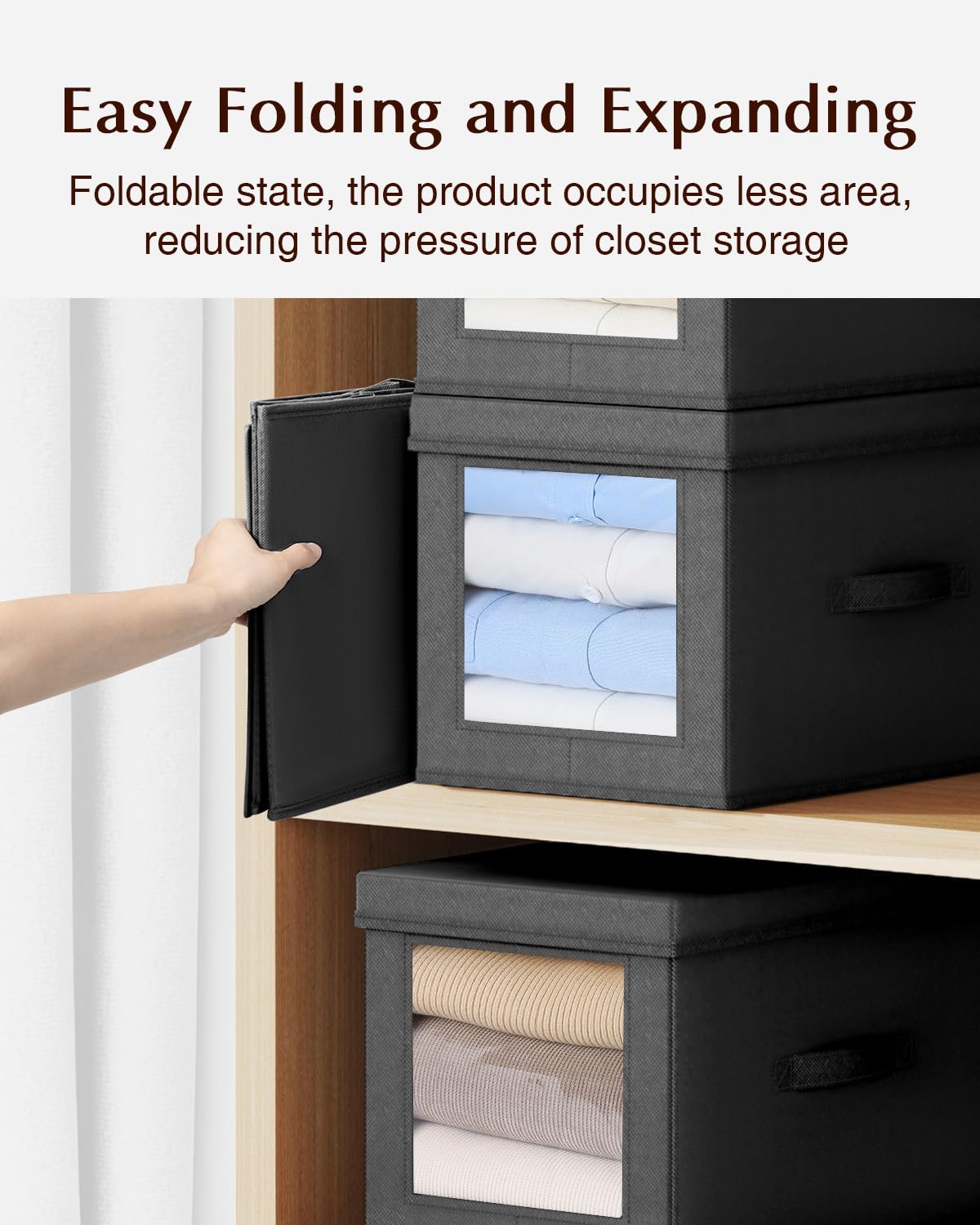 Fabric Storage Bins with Lids - 4 Pack Black Collapsible Baskets for Home & Shelves Organization