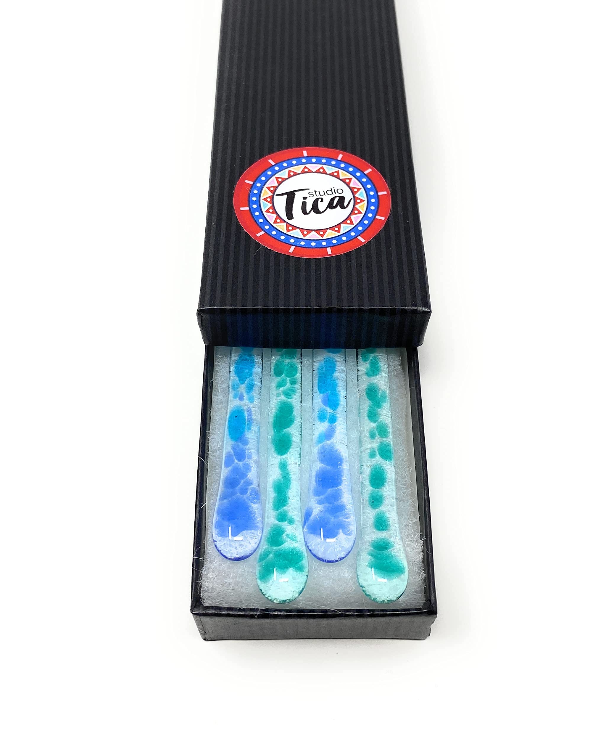 Handmade Costa Rican Sea Glass Stirrer Sticks - Set of 4 (7.25 Inch) - Perfect for Cocktails, Coffee, Tea & Hot Chocolate - Gift Box Included - Ideal for Bars, Cafes, Home Use & Party Favors