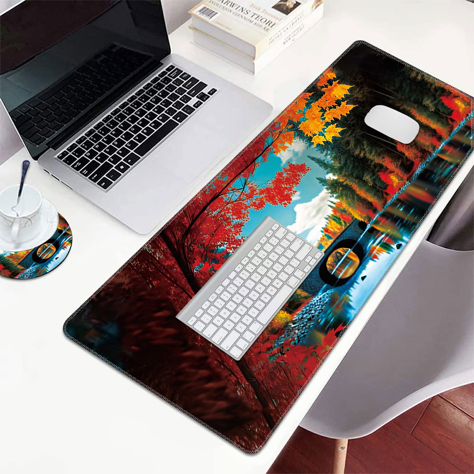 XXL Gaming Mouse Pad (31.5x11.8 Inch) - Extended Large Desk Mat with Non-Slip Base & Stitched Edges | Waterproof Keyboard Mousepad for PC, Laptop, Office & Gaming Setup | Red Maple Lake Design