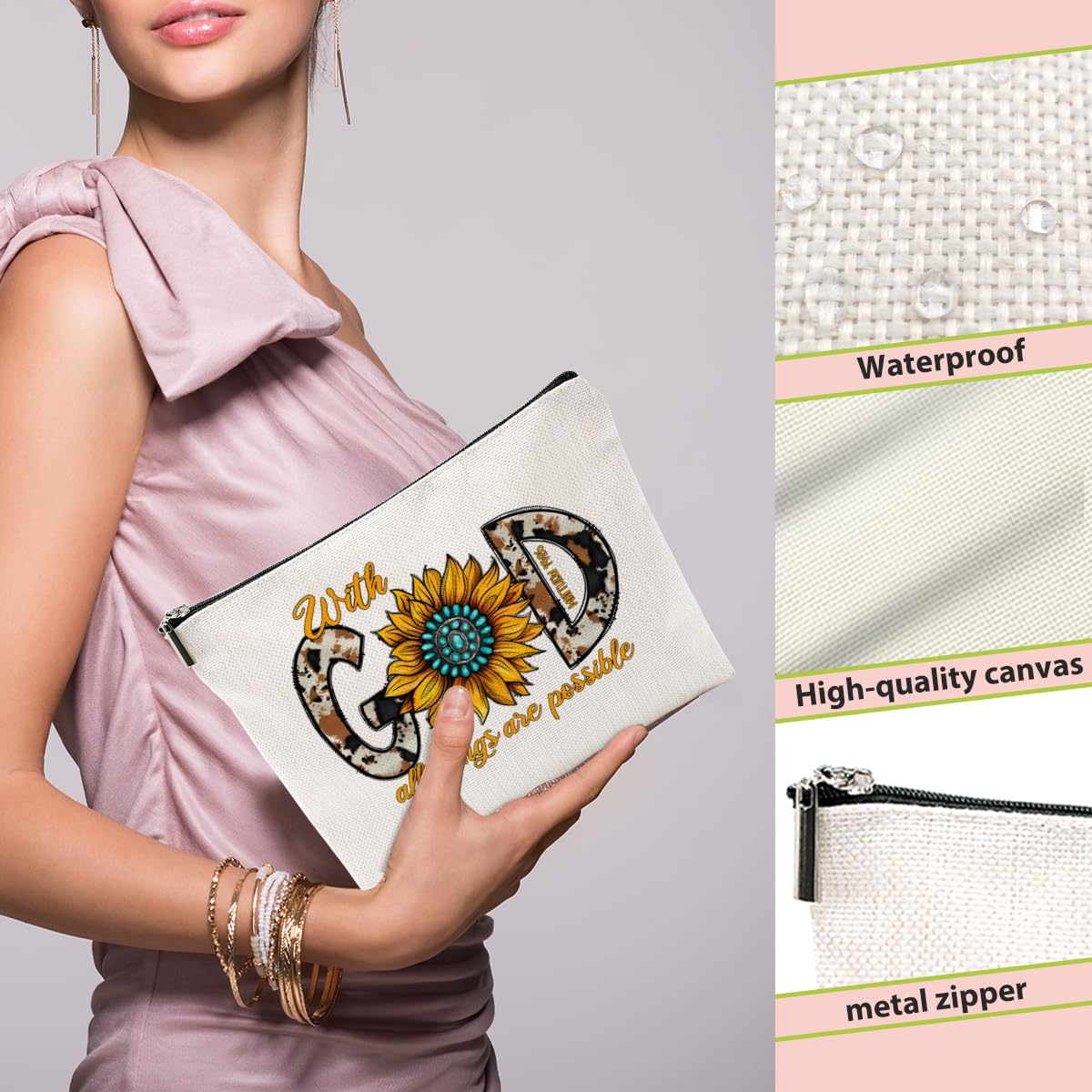 Western Makeup Bag - Sunflower Cosmetic Bag & Cow Print Toiletry Bag | Country Style Religious Gifts for Women, Christian Gifts for Mom, Farm Girl Birthday & Mother's Day Presents | Perfect for Travel, Church, and Country-Themed Events