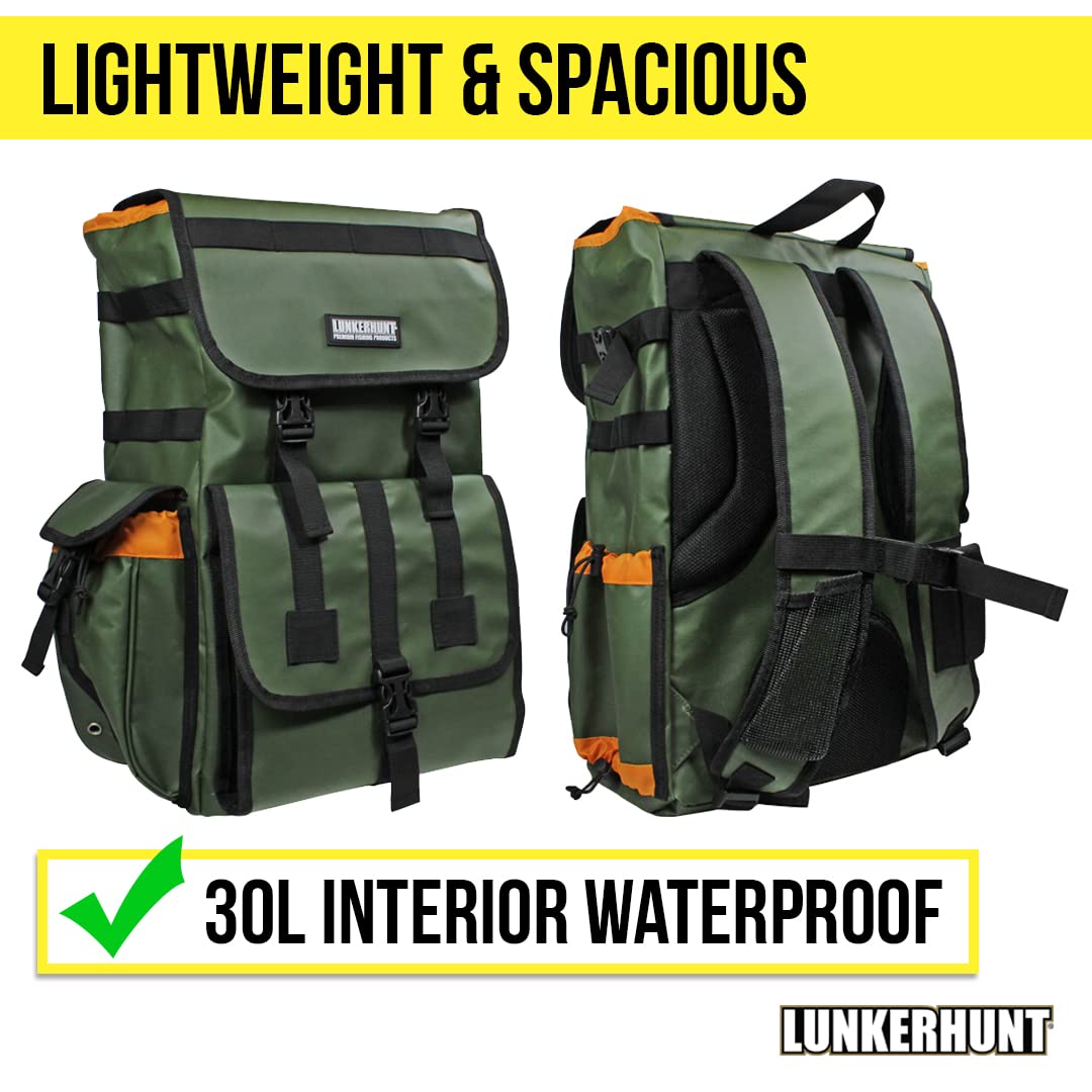 **Lunkerhunt Fishing Backpack with Rod Holders – Waterproof 30L Tactical Gear Bag for Anglers | Includes 3 Tackle Boxes | Lightweight & Spacious for Freshwater & Saltwater Fishing**