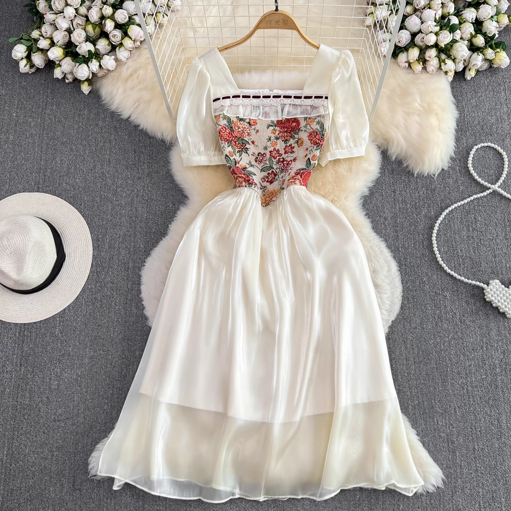 Fairy Short Sleeve Square Neck A-Line Midi Dress 1658 | Floral Summer Dress for Women | Perfect for Garden Parties, Brunch Dates & Casual Outings