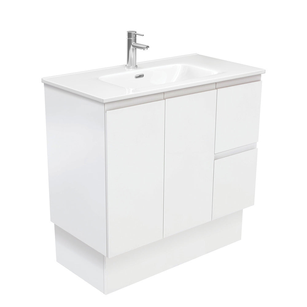 Fienza JOL90ZKR Joli 900mm Fingerpull Vanity with Kickboard - Right Drawers in Satin White | Modern Bathroom Storage Solution for Small Spaces