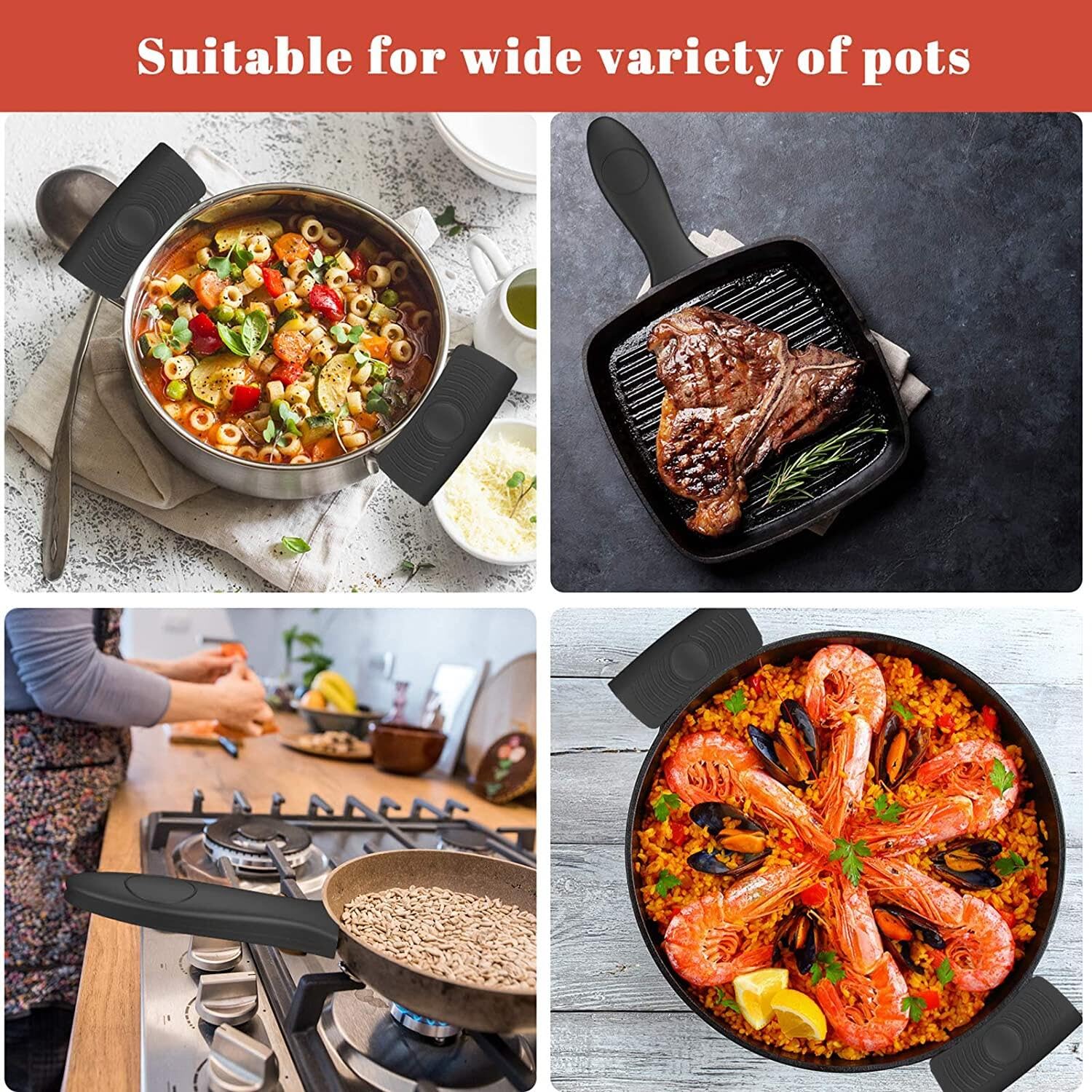 4 Pack Heat Resistant Silicone Pot Handle Covers - Non-Slip Oven Mitts for Cast Iron Skillets & Pans | Safe Grip Protectors for Hot Cookware | Perfect for Baking, Grilling & Stovetop Cooking (Black)