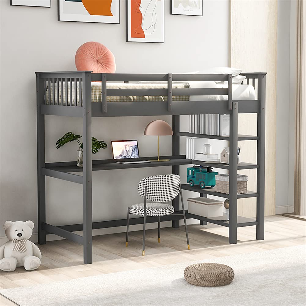 **Pinewood Loft Bed with Built-In Desk & Storage Shelves for Kids & Teens - Twin Size Bed Frame with Guardrails, Under-Bed Workstation - Perfect for Small Bedrooms, Study Spaces & Dorm Rooms (Gray)**