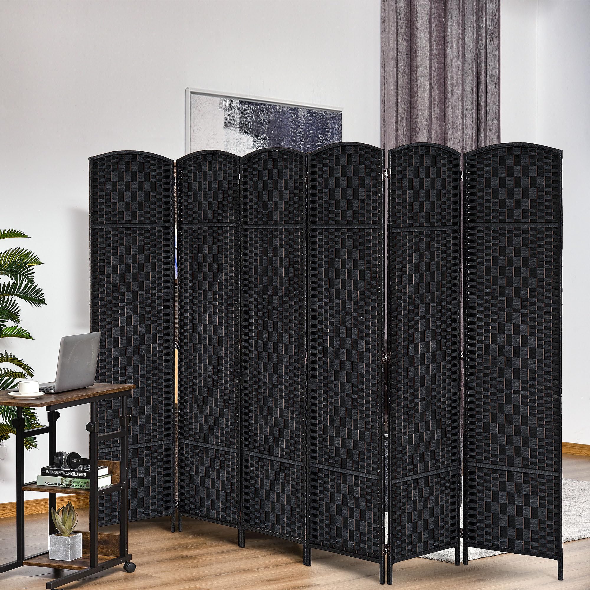 HOMCOM 6 Panel Folding Room Divider Privacy Screen - 6FT Tall Portable Wicker Weave Partition Wall for Bedroom, Home Office, Living Room - Black | Space Separator for Privacy, Room Organization & Home Decor