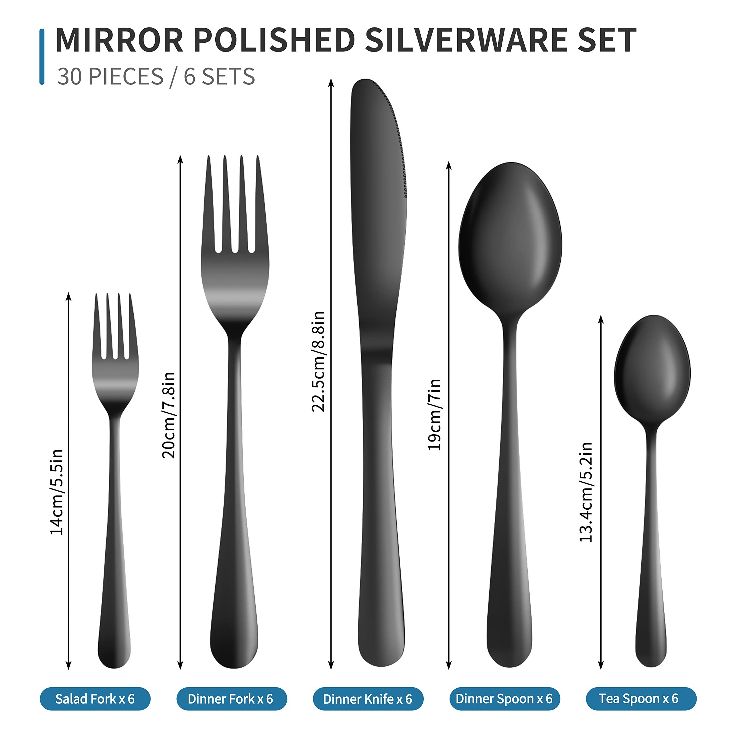 Velaze 30-Piece Stainless Steel Flatware Set for 6 - Mirror Polished Silverware with Forks, Spoons & Knives - Elegant Gift Box - Durable Kitchen Utensils (Black) - Perfect for Dinner Parties, Weddings & Housewarming Gifts