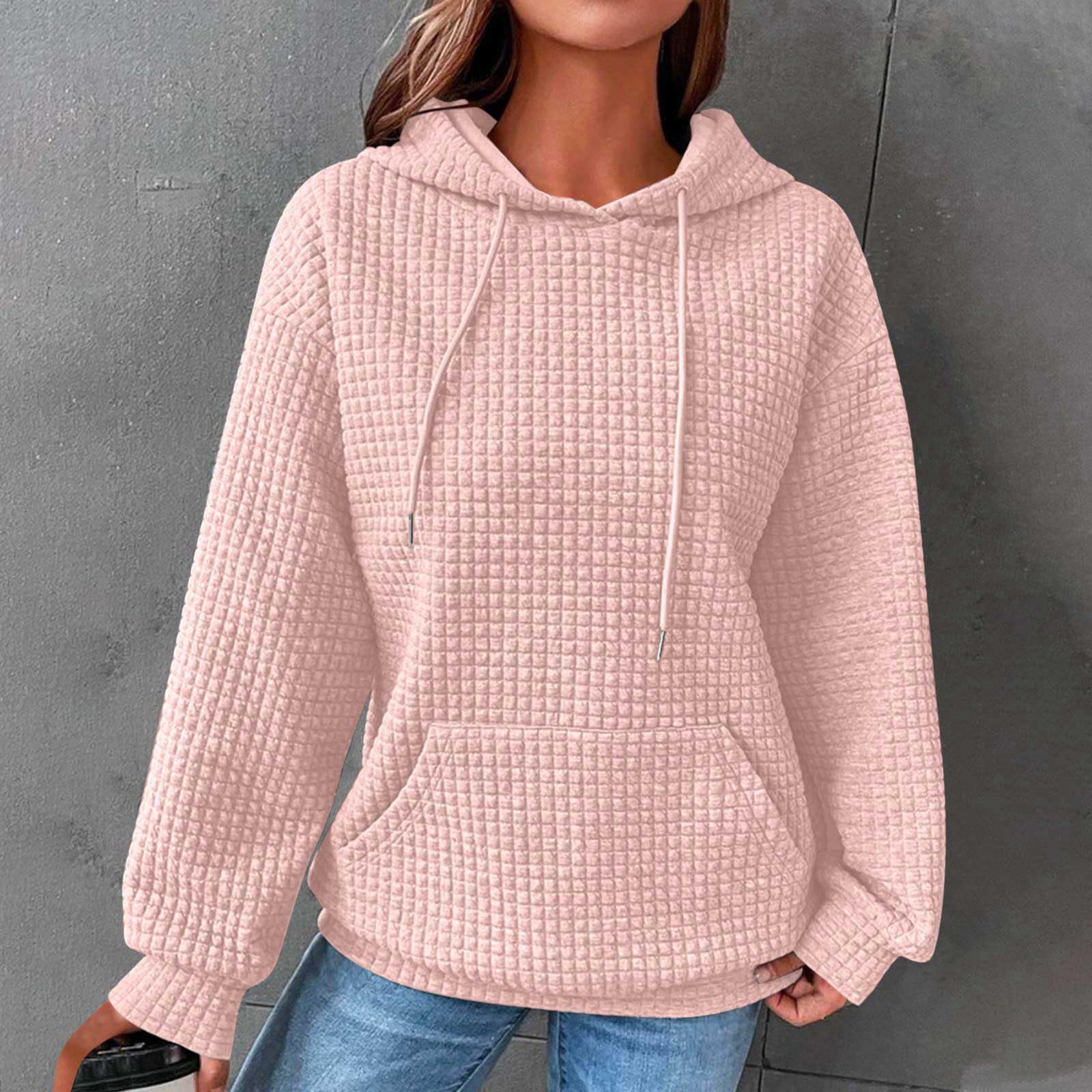 Women's Casual Waffle Knit Hooded Sweatshirt with Drawstring & Pockets - Soft Long Sleeve Pullover Hoodie for Lounge, Travel & Outdoor Activities