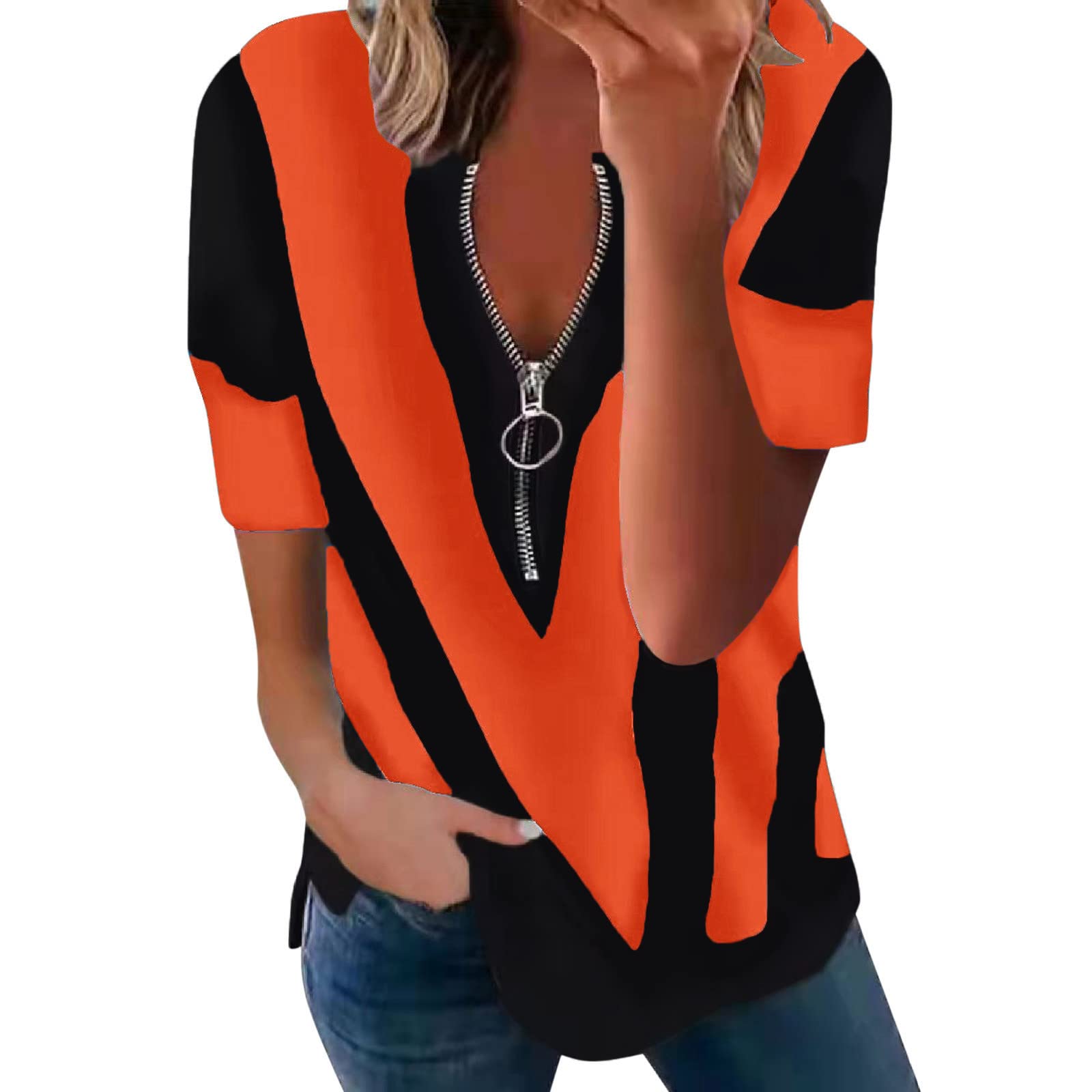 COMVALUE Women's Fitted Patchwork Stripe Zipper Short Sleeve Casual Blouse T-Shirt (Orange, Large) - Perfect for Office Wear, Date Nights & Summer Outfits