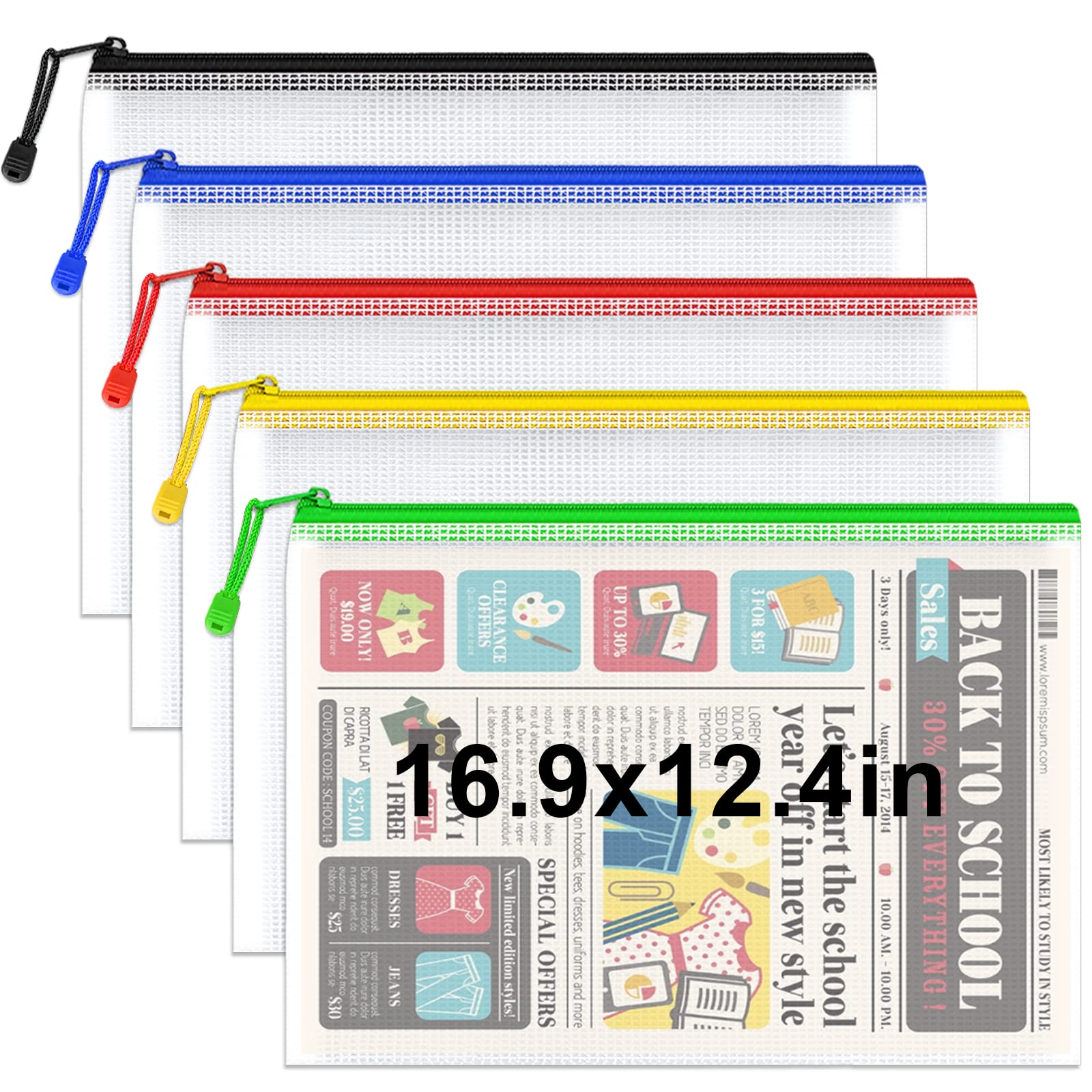 Umriox 5-Pack Extra Thick Mesh Zipper Pouches 16.9x12.4 Inches - Large Storage Bags for Organizing Puzzles, Toys, Crafts & Travel Accessories - Durable Zippered Organizer Bags for Home, Office & School Supplies