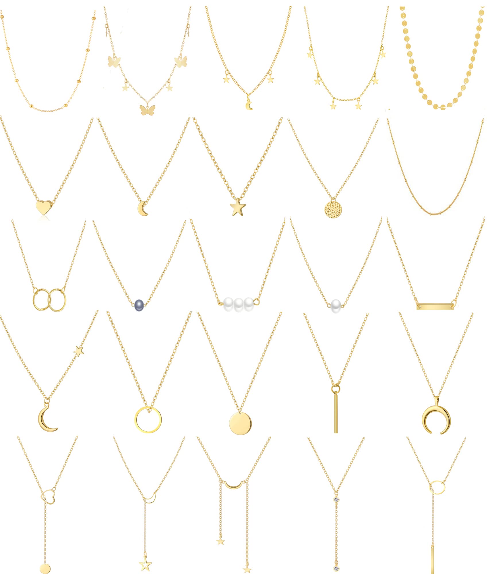 Honsny 25-Piece Layered Choker Necklace Set for Women & Girls - Adjustable Gold Multilayer Necklaces with Moon, Star, Coin, Bar & Pearl Pendants - Dainty Y-Necklace Jewelry for Teens, Women | Perfect for Parties, Gifts & Everyday Wear