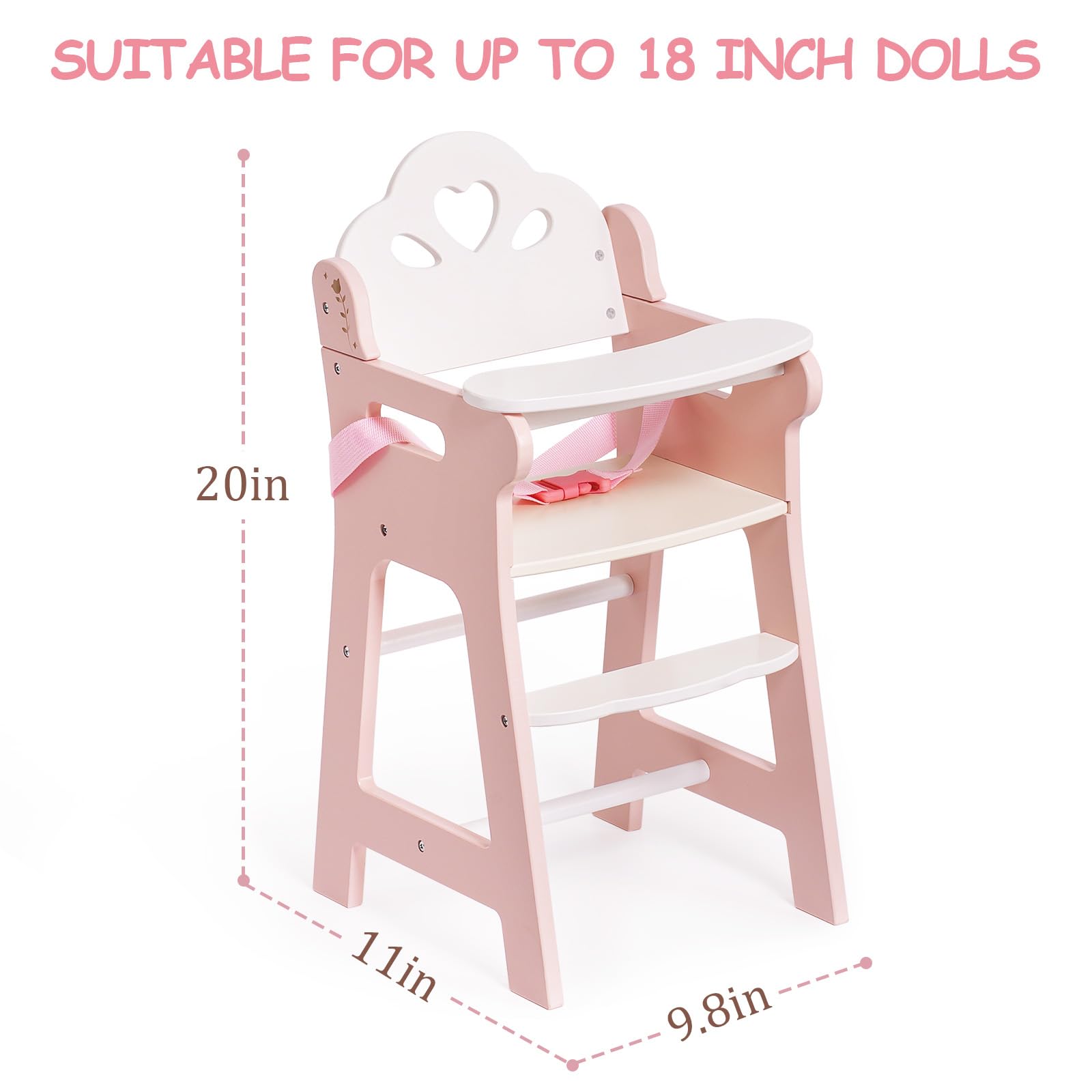 ROBOTIME Wooden Baby Doll High Chair with Safety Belt - Pretend Play for 18