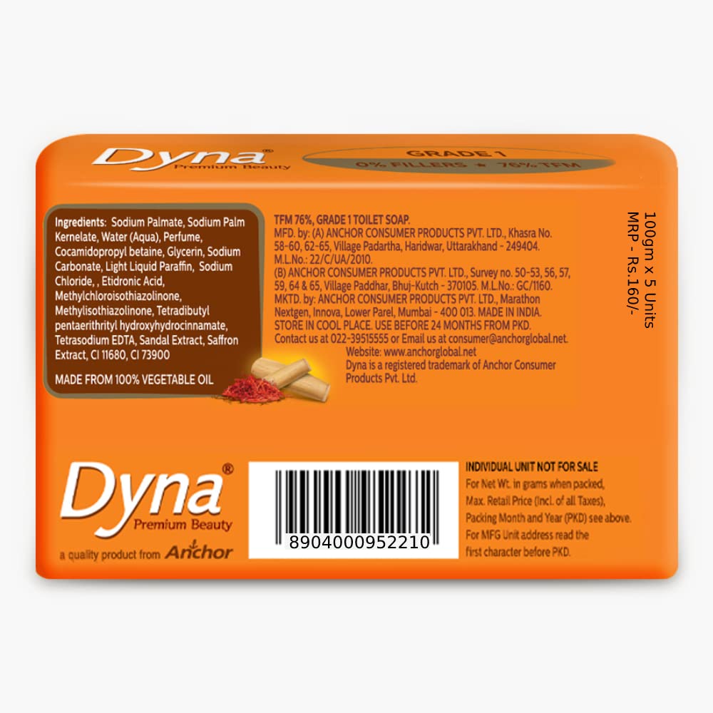 Dyna Sandal & Saffron Extracts Bathing Soap - 100g x 5 Pack | Natural Ayurvedic Skincare for Glowing Skin | Perfect for Daily Use, Spa Days & Gift Sets