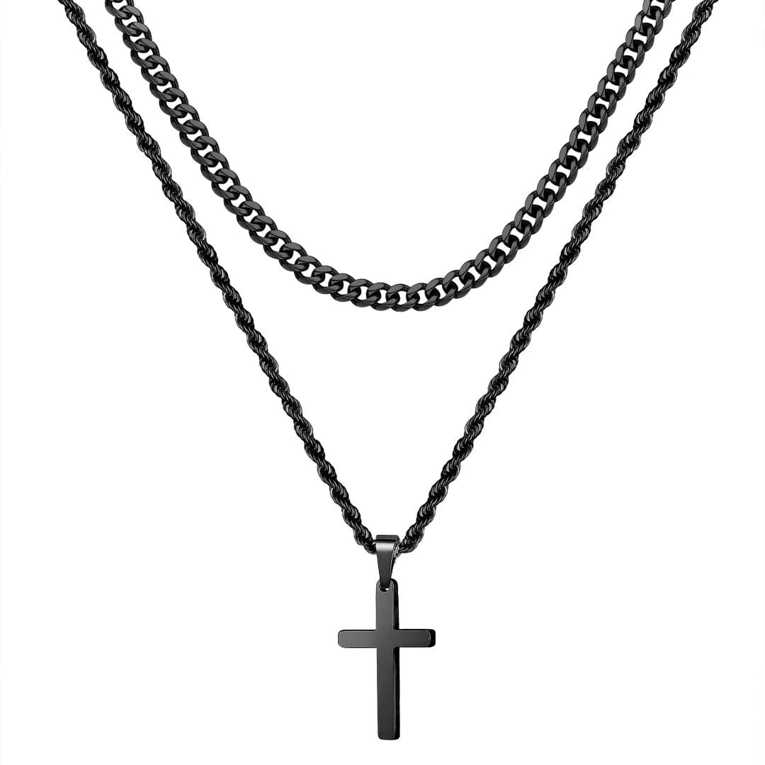 Ursteel 18K Gold/Silver/Black Stainless Steel Layered Cross Necklace for Men & Women - 16/18/20/22/24 Inch Adjustable Rope Chain - Perfect for Daily Wear, Gifts & Religious Occasions