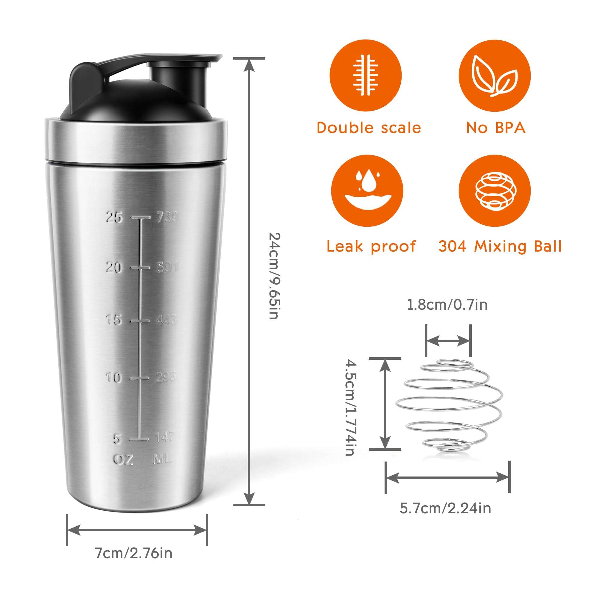 Premium 750ml Stainless Steel Protein Shaker Bottle with Mixing Ball - Leakproof Gym Water Bottle for Protein Shakes, Pre-Workout & Post-Workout Drinks - Ideal for Bodybuilding, Fitness & Weight Loss - Silver