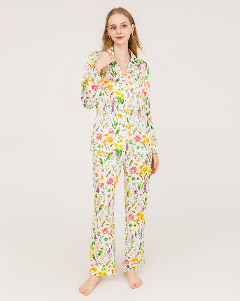 Luxury Floral Print Silk Pajamas Set for Women - Soft Comfortable Sleepwear Nightwear - Perfect for Relaxing at Home, Spa Days & Romantic Getaways