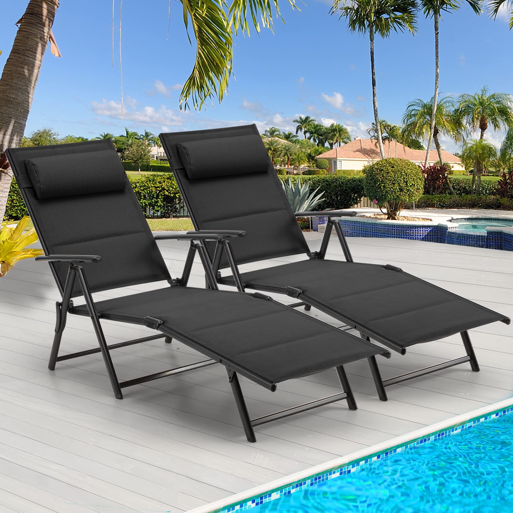 GYUTEI 2-Pack Outdoor Folding Lounge Chairs - Adjustable Reclining Chaise Lounge with 7-Position Backrest - Lightweight Portable for Beach, Poolside, Patio, Camping & Backyard Relaxation (Black)