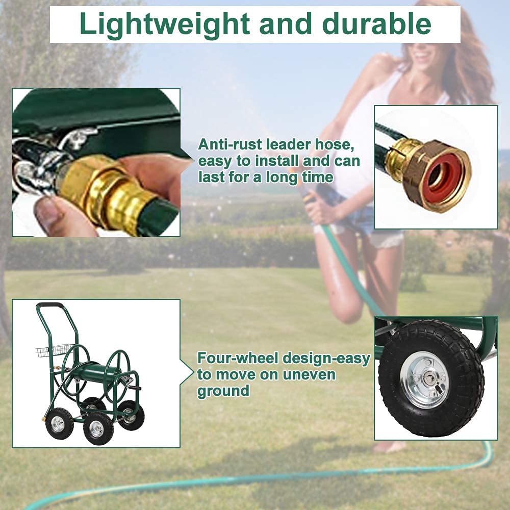 Heavy Duty Steel Garden Hose Reel Cart with Wheels & Storage Basket - Outdoor Watering Truck for Lawn, Patio, Garden - Durable Yard Hose Reel for Easy Watering & Planting | Perfect for Backyard, Greenhouse & Landscaping