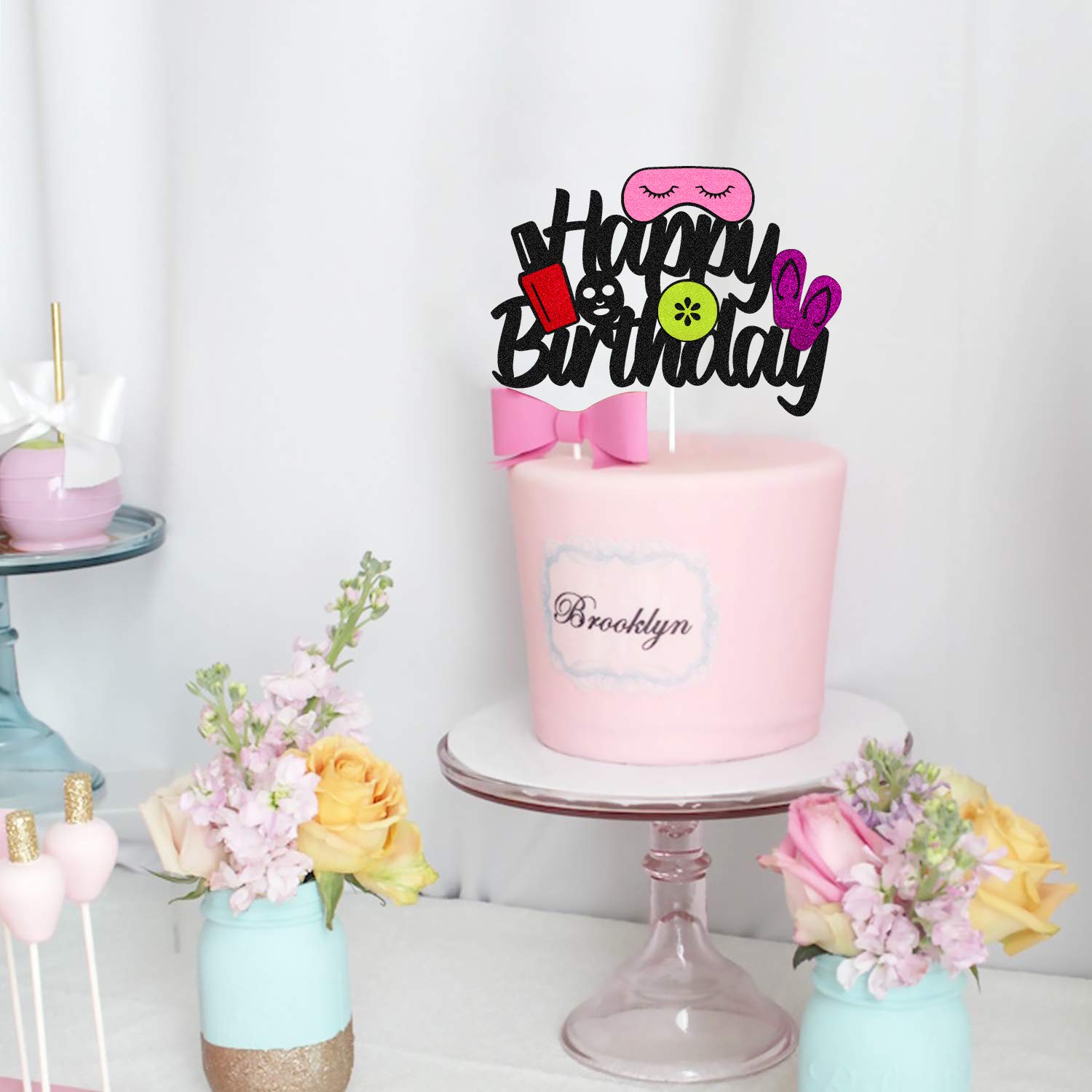 Spa Cake Topper for Birthday Party - Black Glitter Décor for Women's Spa Theme Celebration