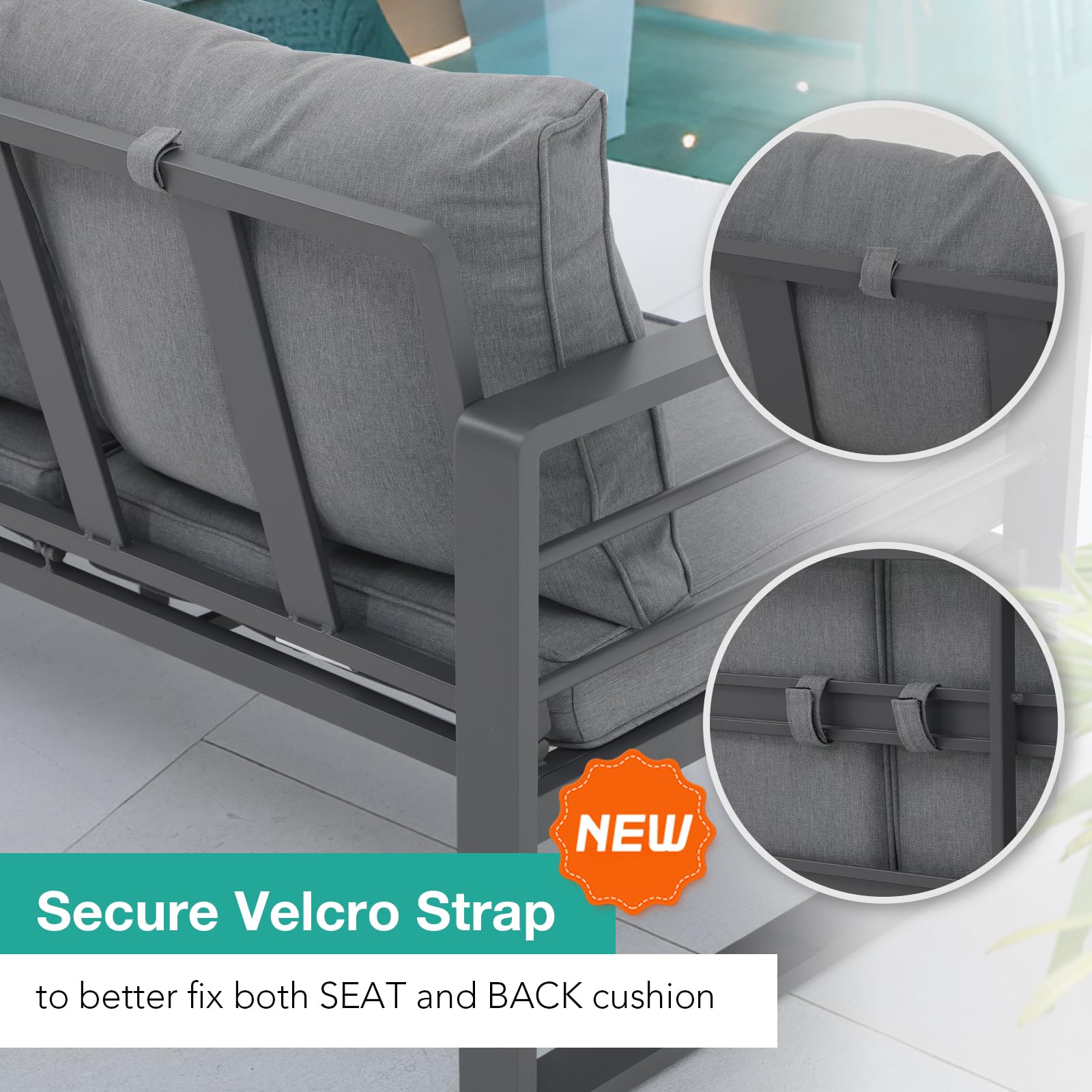 Aluminum Patio Furniture Set - 2-Seater Outdoor Loveseat Sofa with Olefin Cushions, All-Weather Dark Grey Metal Chairs, 600 lbs Weight Capacity for Deck, Garden & Backyard Relaxation