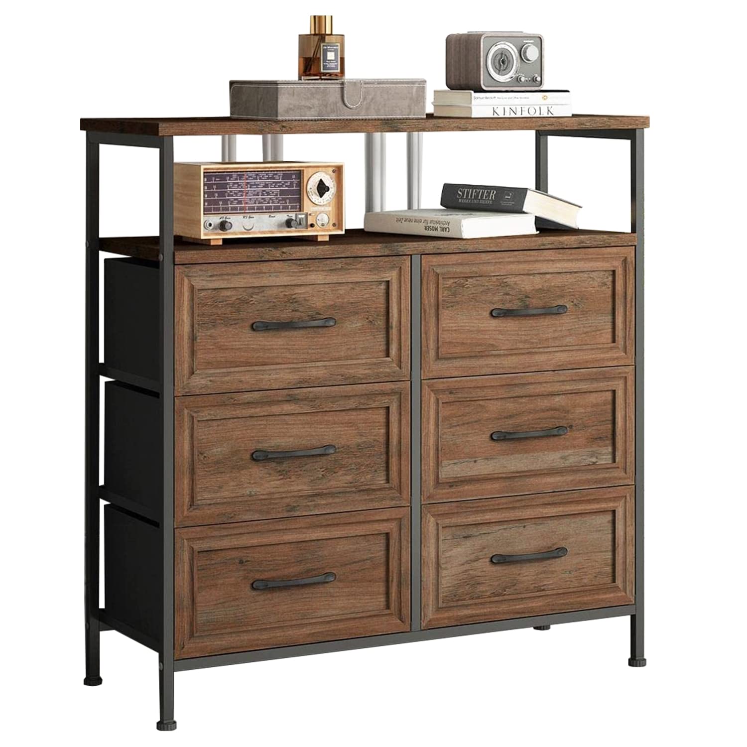 HOSEOKA 6-Drawer Wood Dresser for Bedroom - Rustic Storage Chest with Shelves, Closet Organizer & Clothes Drawers | Perfect for Bedroom Furniture, Guest Room Storage & Home Organization