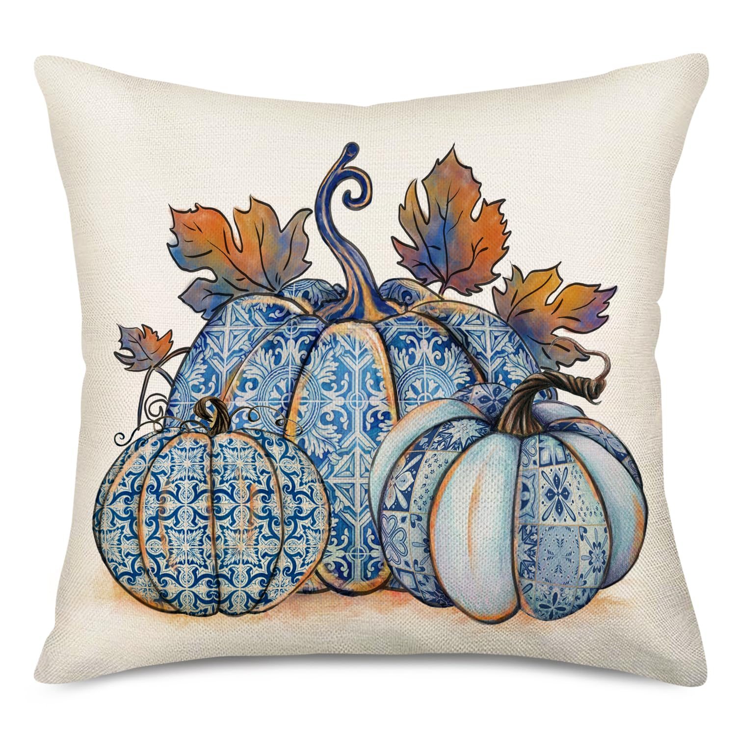 Fukeen 20x20 Inch Blue Pumpkin & Maple Leaves Fall Decorative Pillow Covers - Autumn Harvest Farmhouse Throw Pillow Cases for Couch, Sofa, Porch & Thanksgiving Home Decor
