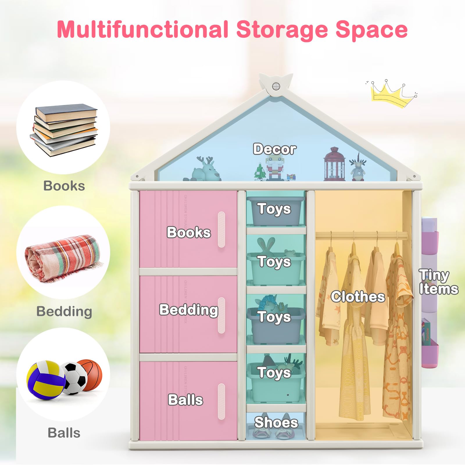 Costzon Kids Costume Storage Closet & Dress Up Center - Pink Open Hanging Armoire with Shelves, Bins & Side Baskets | Pretend Play Wardrobe & Clothing Organizer for Girls & Boys | Perfect for Bedroom, Playroom & Daycare Organization