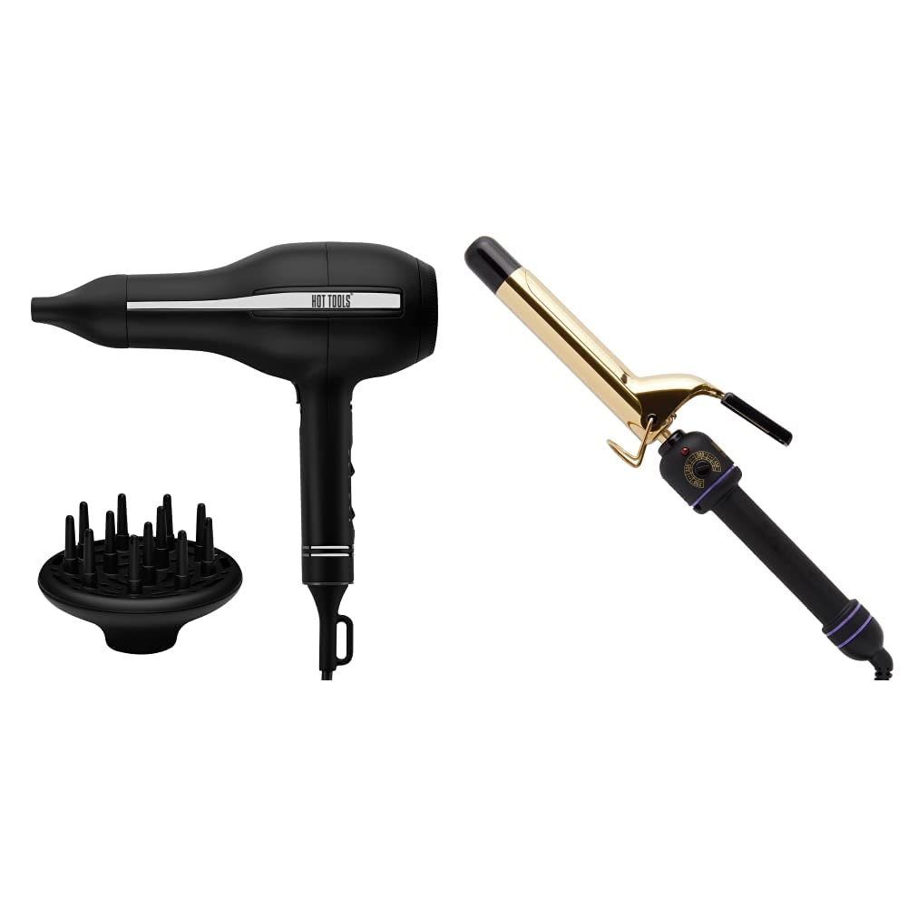 Hot Tools Black Gold 2000-Watt Ionic Hair Dryer & 1-inch Signature Gold Curling Iron Set - Professional Salon Quality Hair Styling Tools for Smoothing, Volumizing & Curling at Home