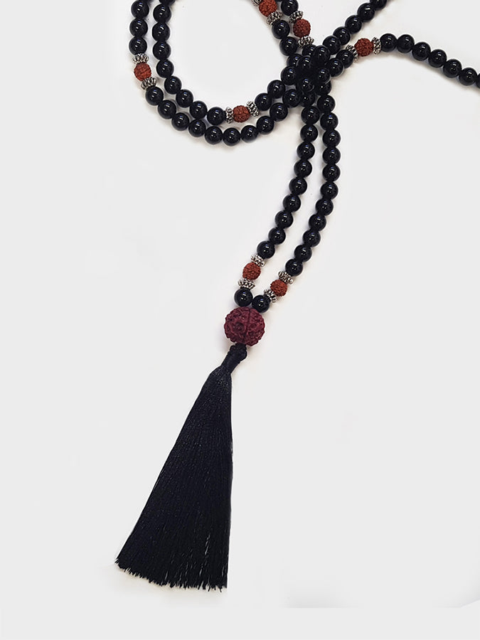 Authentic Black Onyx & Rudraksha Mala Beads for Yoga, Meditation & Spiritual Practice - Handcrafted Prayer Necklace for Mindfulness & Stress Relief