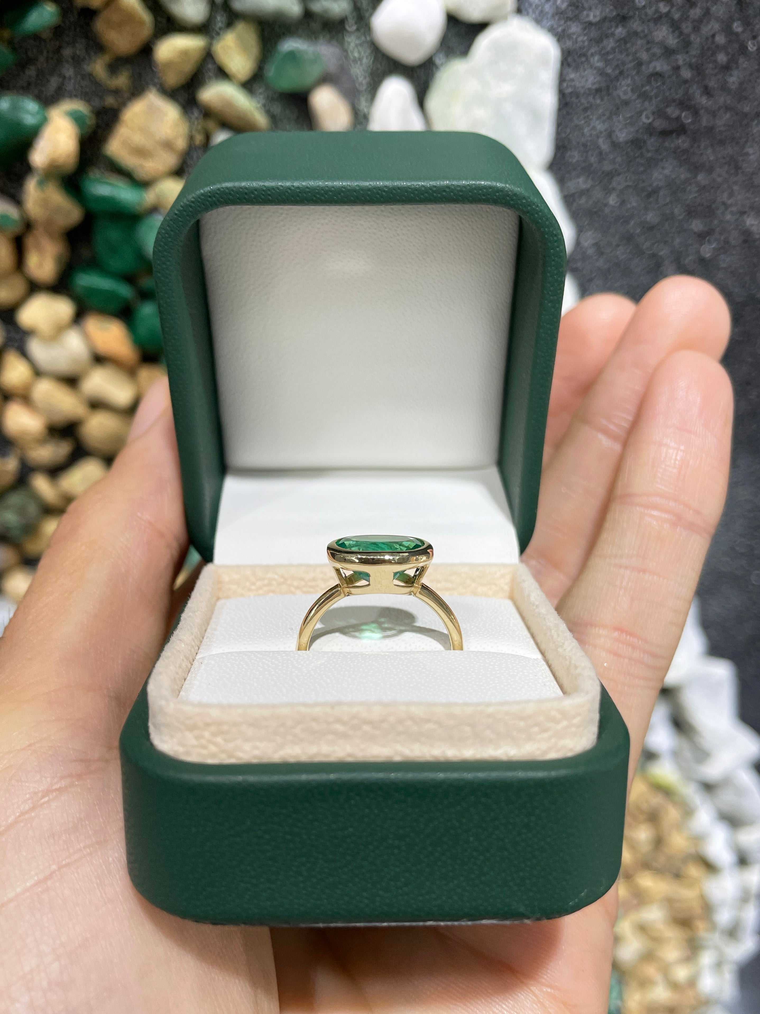 2.70 Carat 14K Gold Dark Rich Green Oval Natural Emerald Solitaire East-West Bezel Ring for Women – Elegant Wedding, Engagement, Anniversary Jewelry Gift