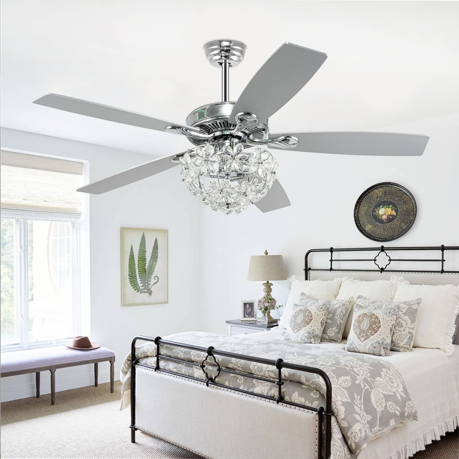 52 Inch Modern Crystal Ceiling Fan with LED Lights & Remote Control - 5 Reversible Wooden Blades, Rustic Flower Chandelier Design - Perfect for Bedroom, Living Room & Indoor Spaces