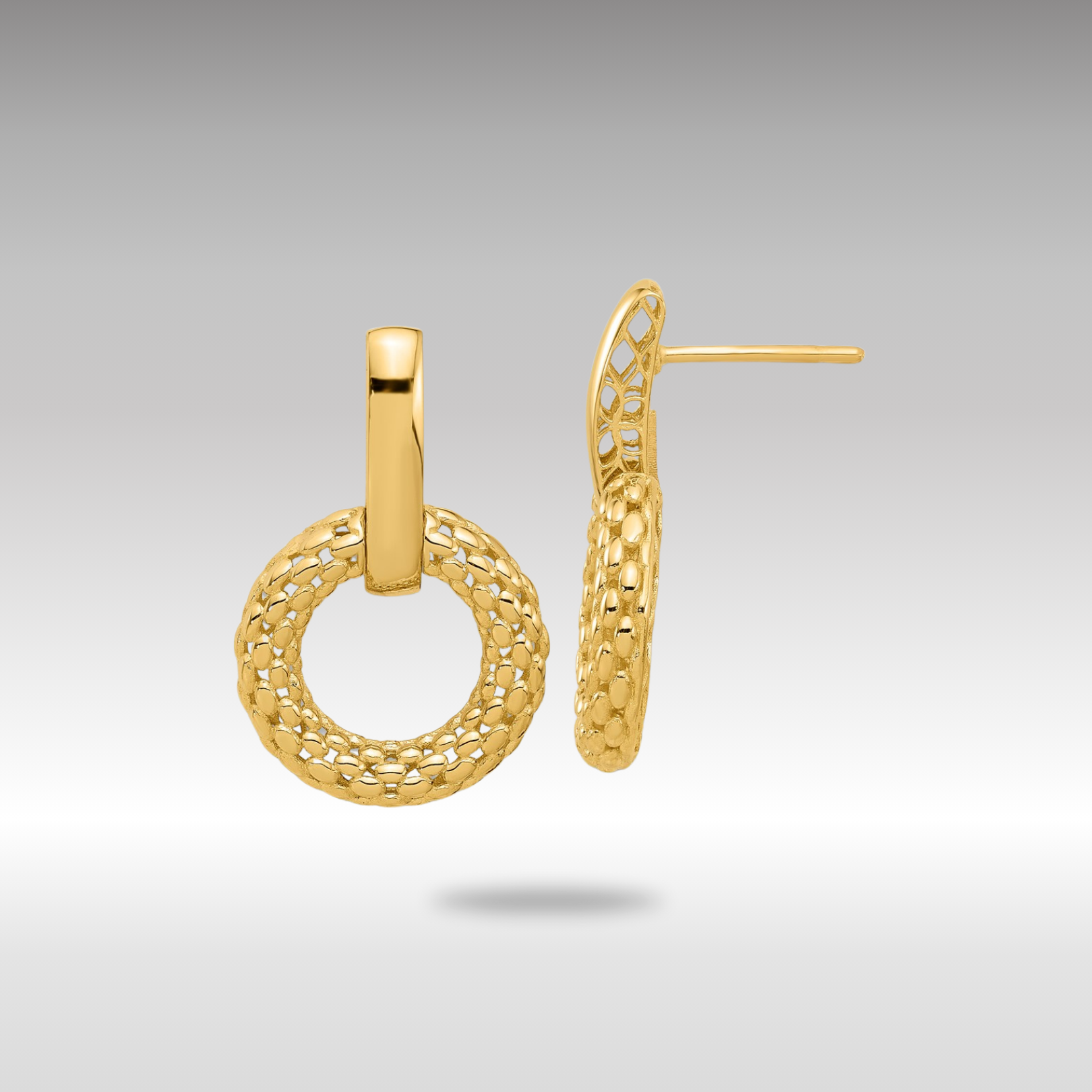 Gold Circle Mesh Earrings with Polished Post - Model BMDL107E | Elegant Dangle Earrings for Women, Perfect for Parties, Weddings & Everyday Wear
