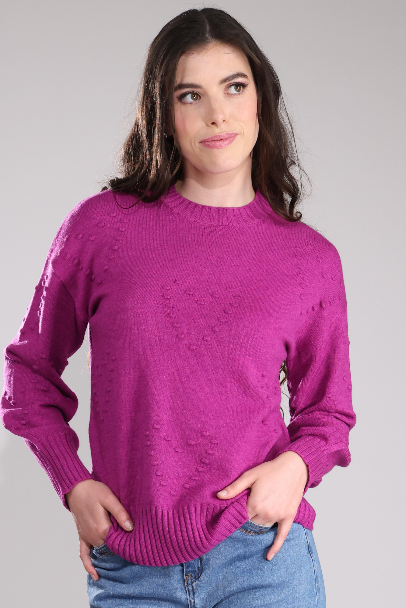 Jacquard Loveheart Luxe Sweater for Women | Soft Magenta Marle Knit | 7329B1 | Perfect for Casual Wear & Date Nights