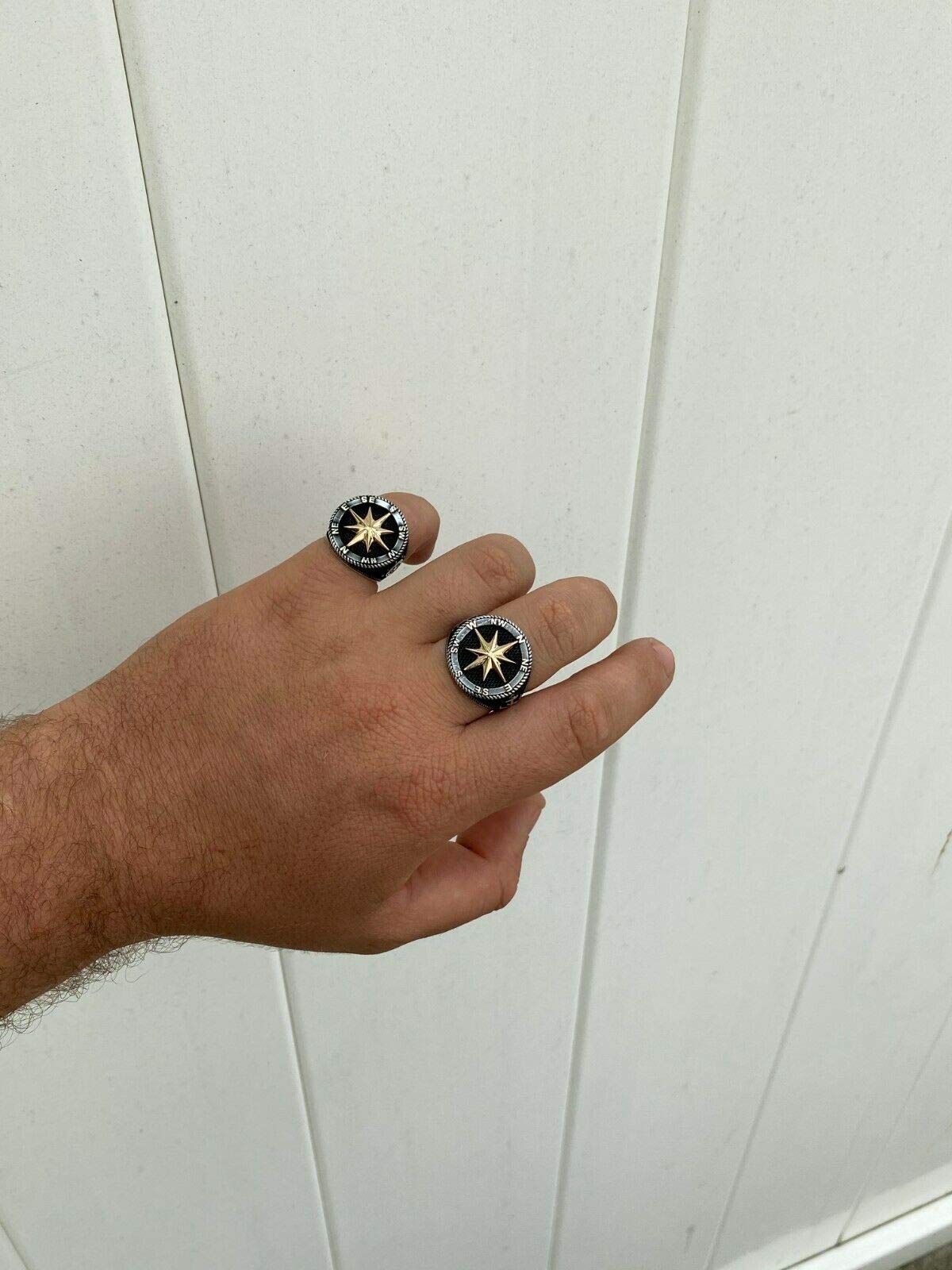 HarlemBling Solid 925 Sterling Silver & 10k Yellow Gold Men's Compass Ring - Nautical Anchor Jewelry for Men - Size 7-13 - Perfect for Gifts, Travel & Outdoor Adventures
