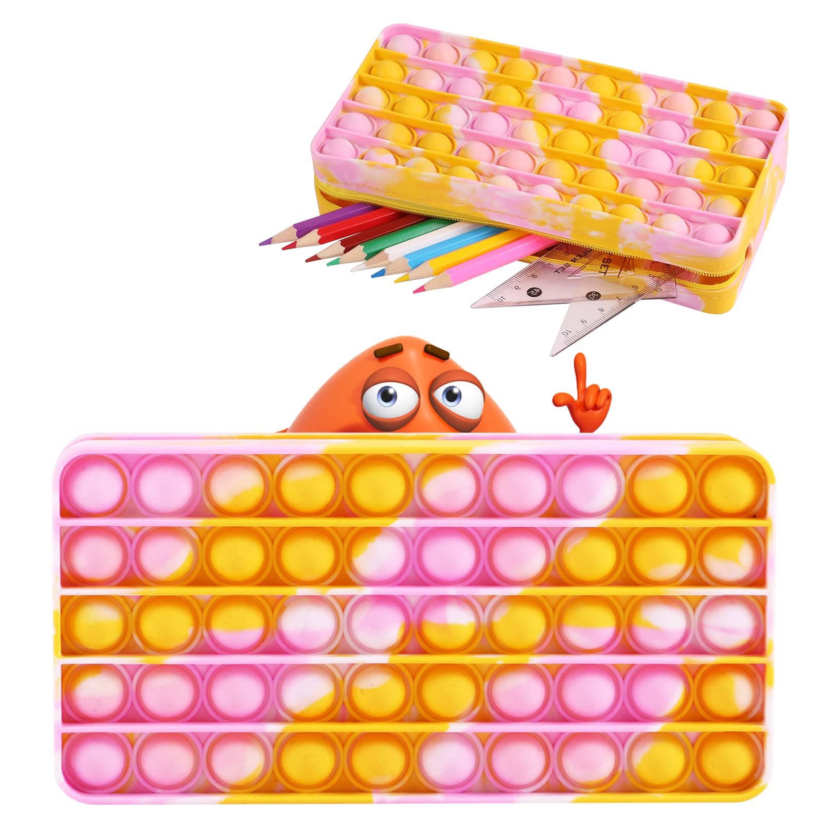 Pop It Pencil Case - Silicone Bubble Fidget Toy for School & Travel (Pink Yellow)
