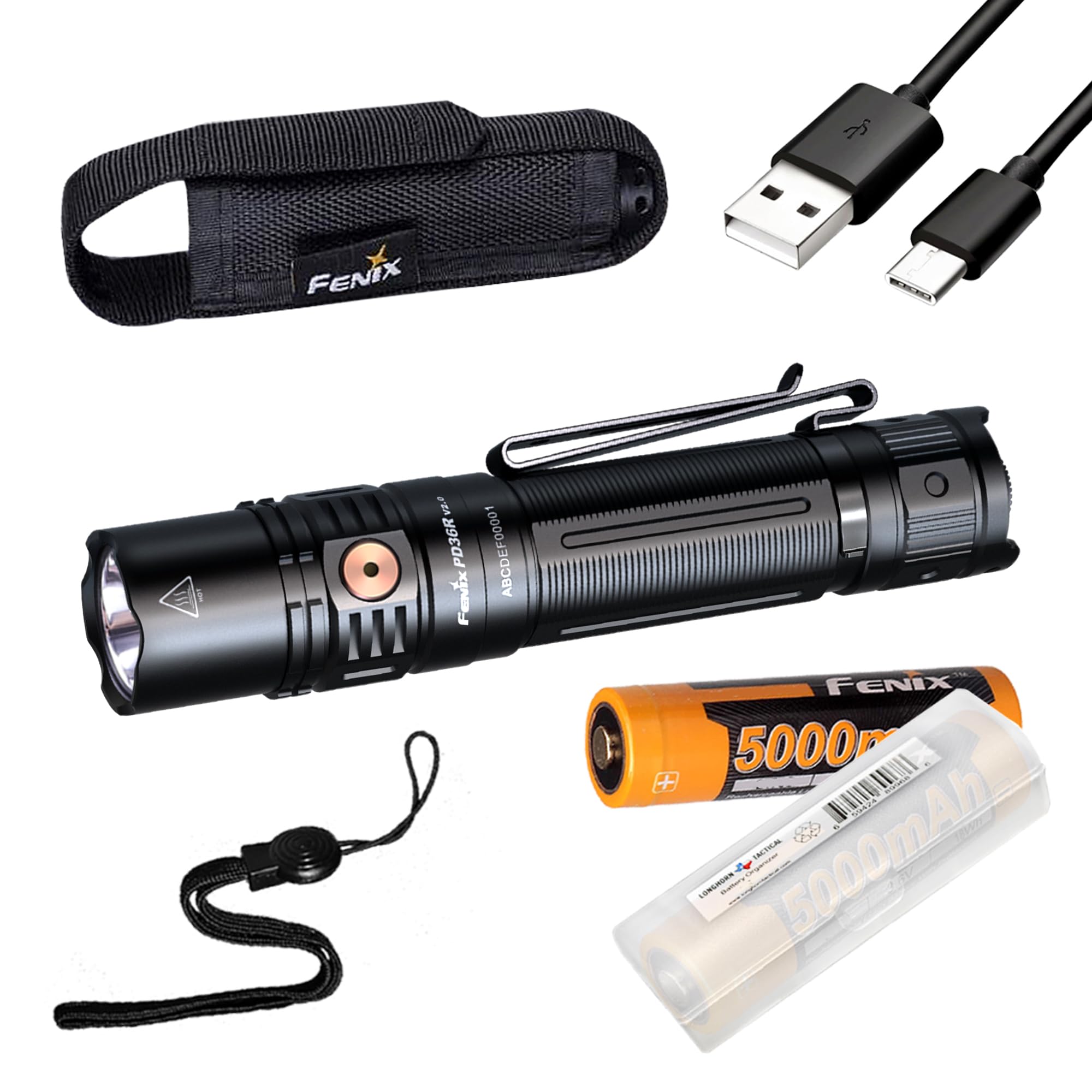 Fenix PD36R V2.0 1700 Lumen Tactical Flashlight - USB-C Rechargeable, Includes 2 ARB-L21-5000 Batteries & LumenTac Organizer - Perfect for EDC, Outdoor Adventures, Camping, and Emergency Preparedness