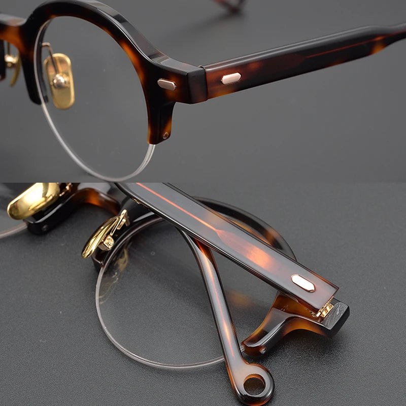 Black Unisex Semi-Rimless Round Acetate Eyeglasses Frame 9535 - Lightweight & Durable for Reading, Driving, and Everyday Wear