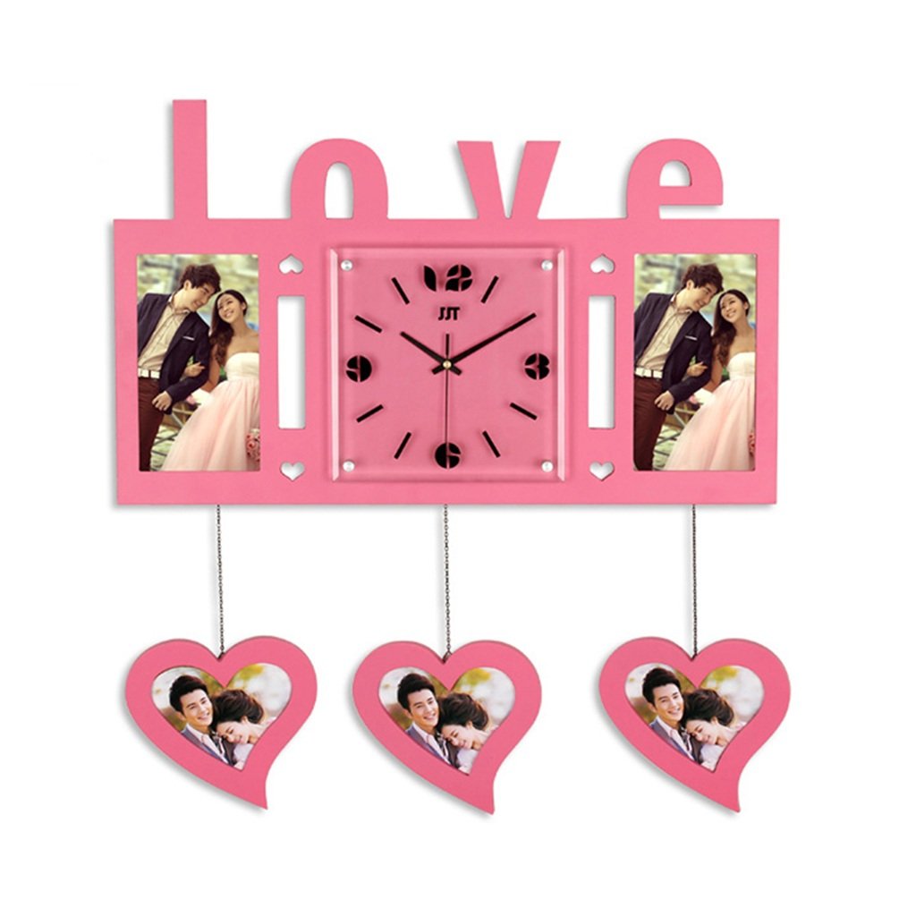 WEEDAY Modern Silent Wall Clock with Photo Frame - Pink Irregular Design, No Ticking, Quartz Clock for Living Room, Bedroom, Office Decor | Perfect for Home, Office & Gift Giving
