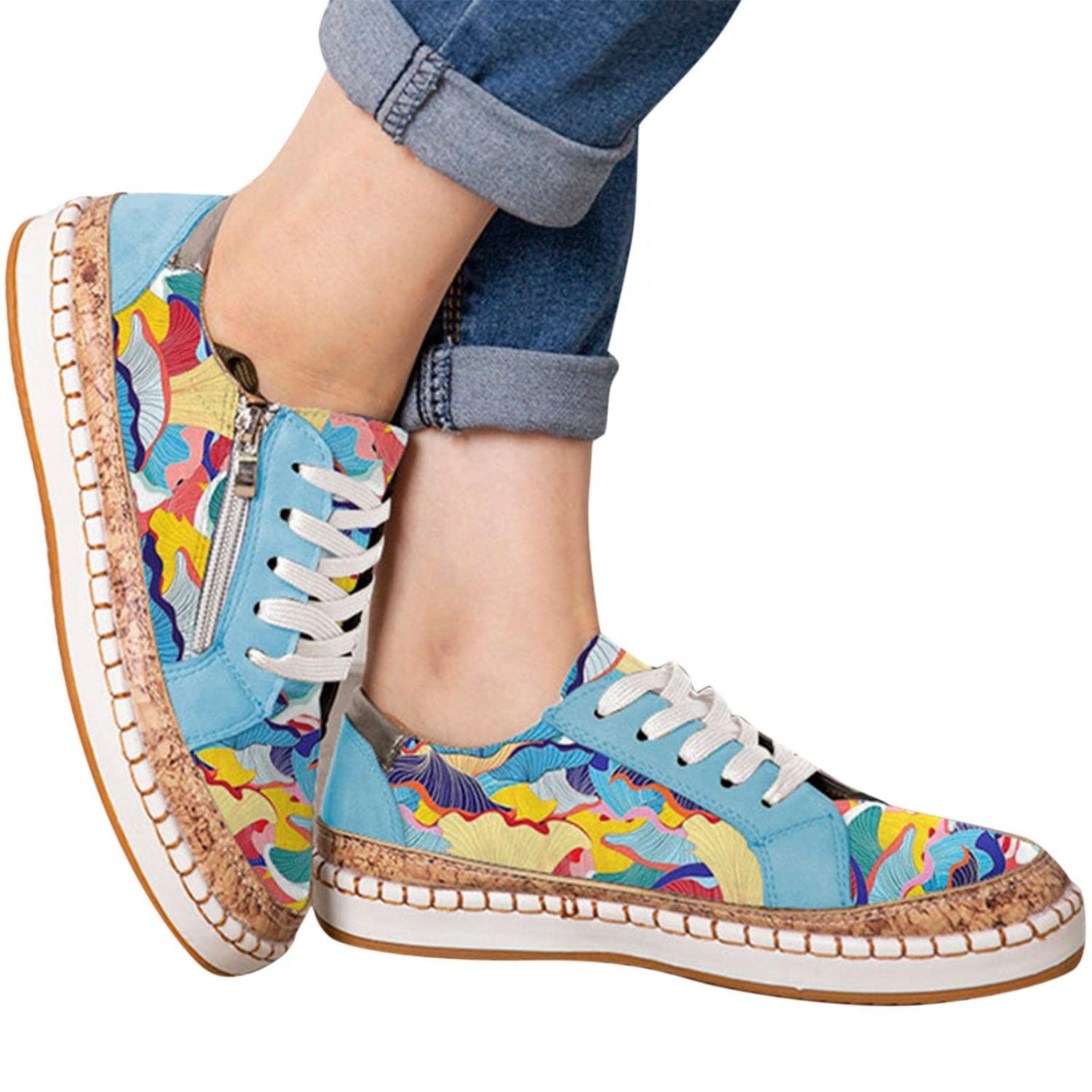Trilanme Women's Fashion Sneakers - Low Top Slip On Walking Shoes with Side Zipper | Comfortable Casual Flats for Women | Leather Lace-Up Loafers with Floral Graffiti Design | Perfect for Outdoor Hiking, Work & Everyday Wear