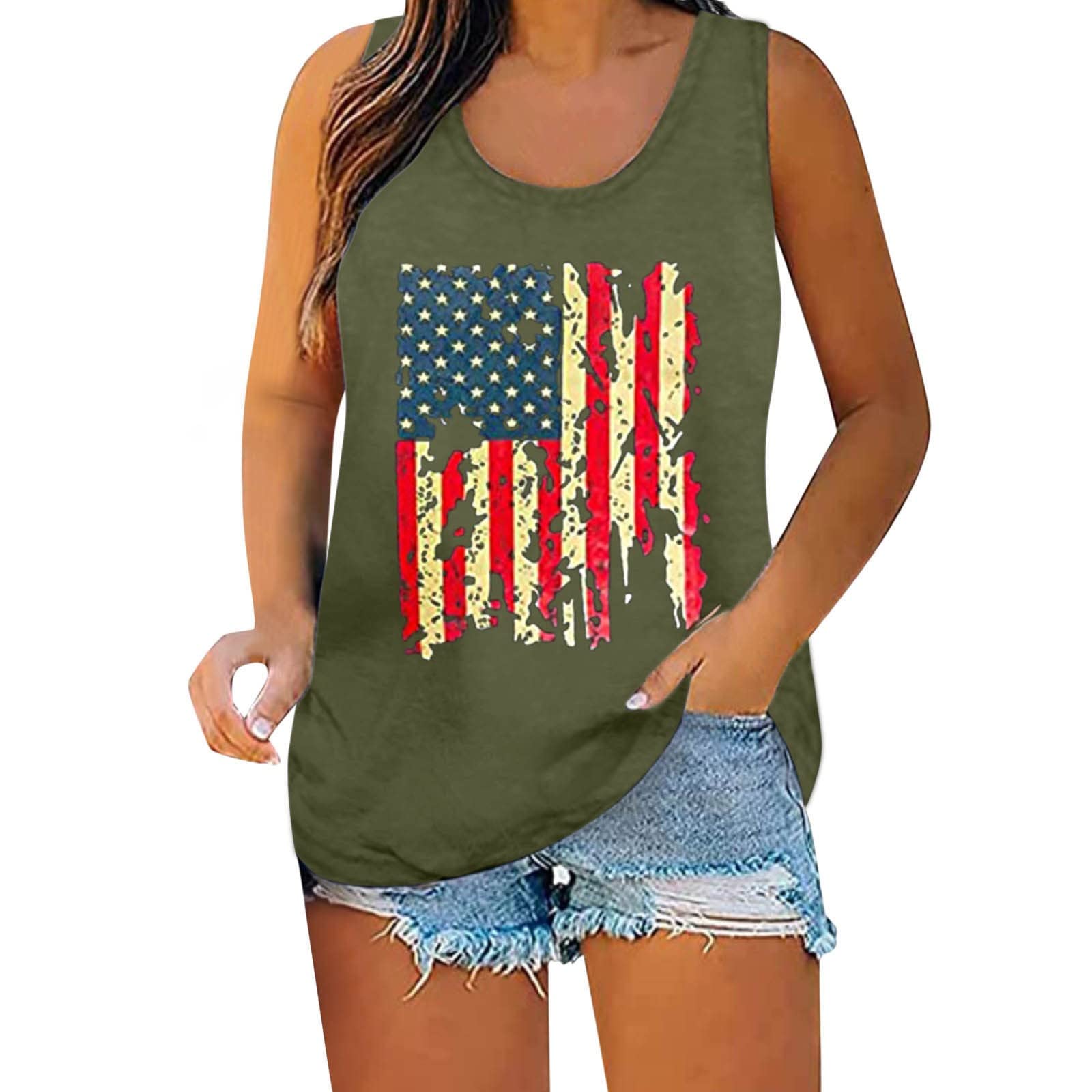 Women's Independence Day Printed Tank Tops - Summer Sleeveless Casual Vest with Built-in Bra - Perfect for 4th of July Celebrations, Beach Outings & Gym Workouts