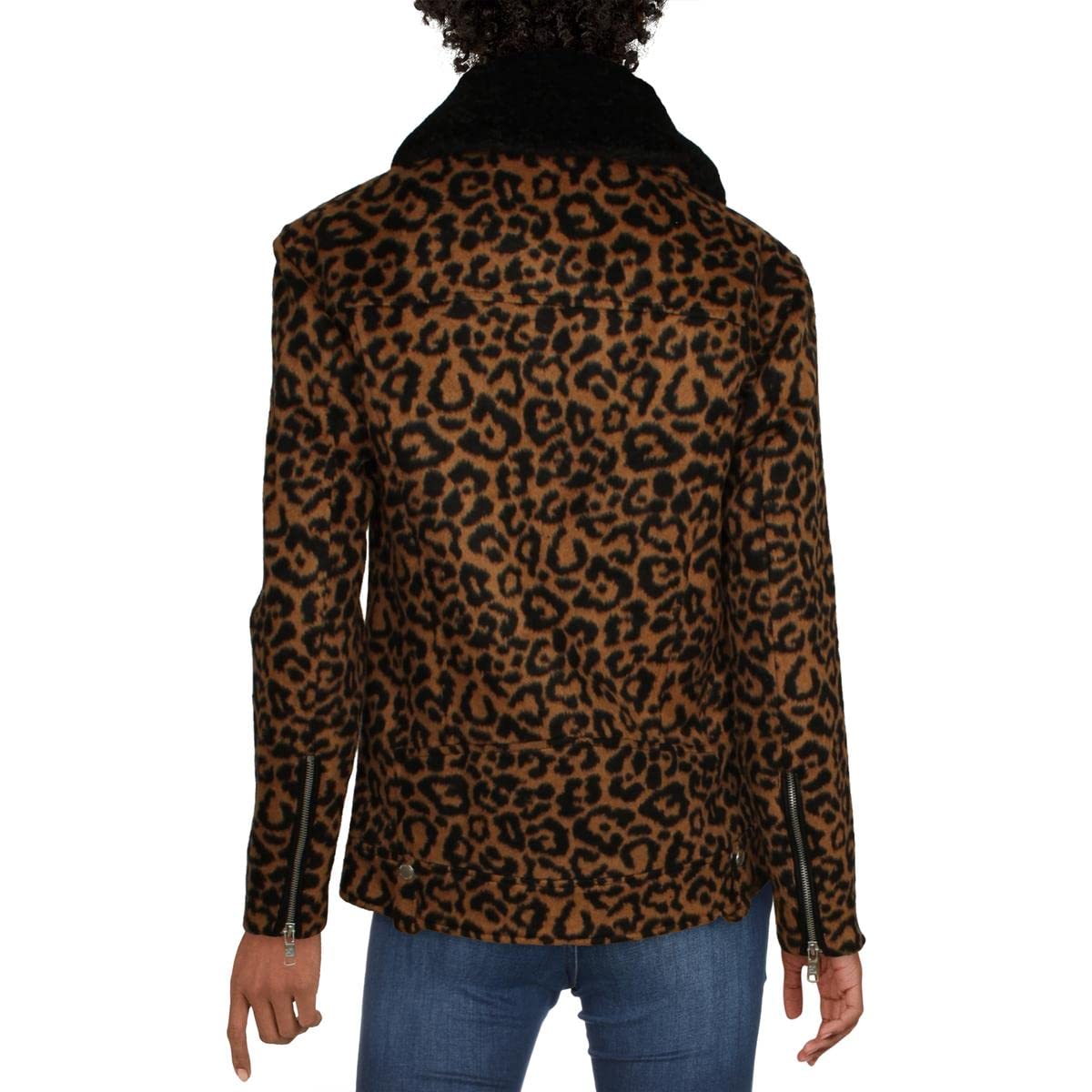 Avec Les Fadies Faux Sherpa Trimmed Leopard Print Wool Blend Biker Jacket for Women - Stylish Winter Outerwear for Casual Wear & Night Out
