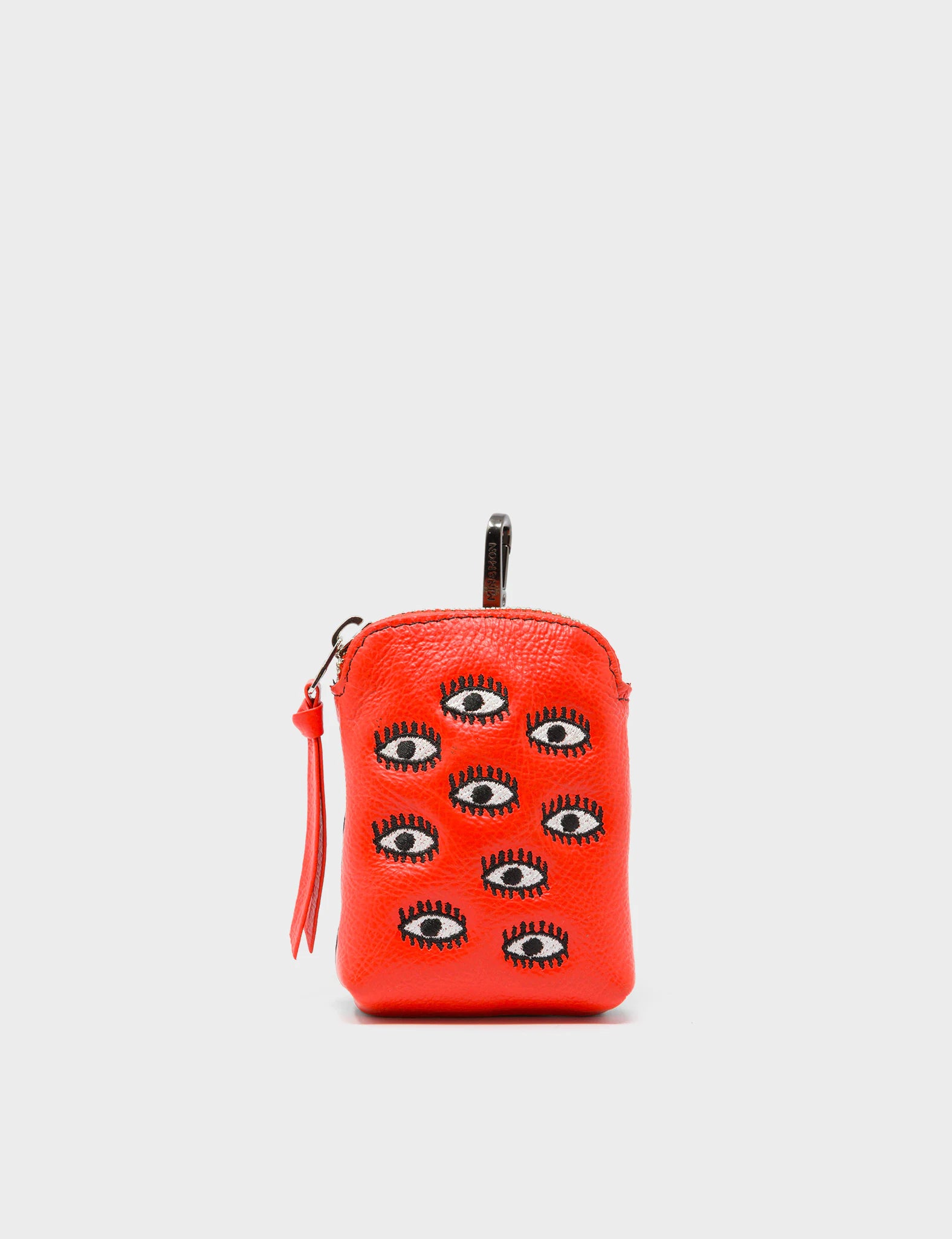 Florence Pouch Charm - Fiesta Red Leather Keychain with All Over Eyes Embroidery | Perfect for Handbags, Wallets & Gift Giving